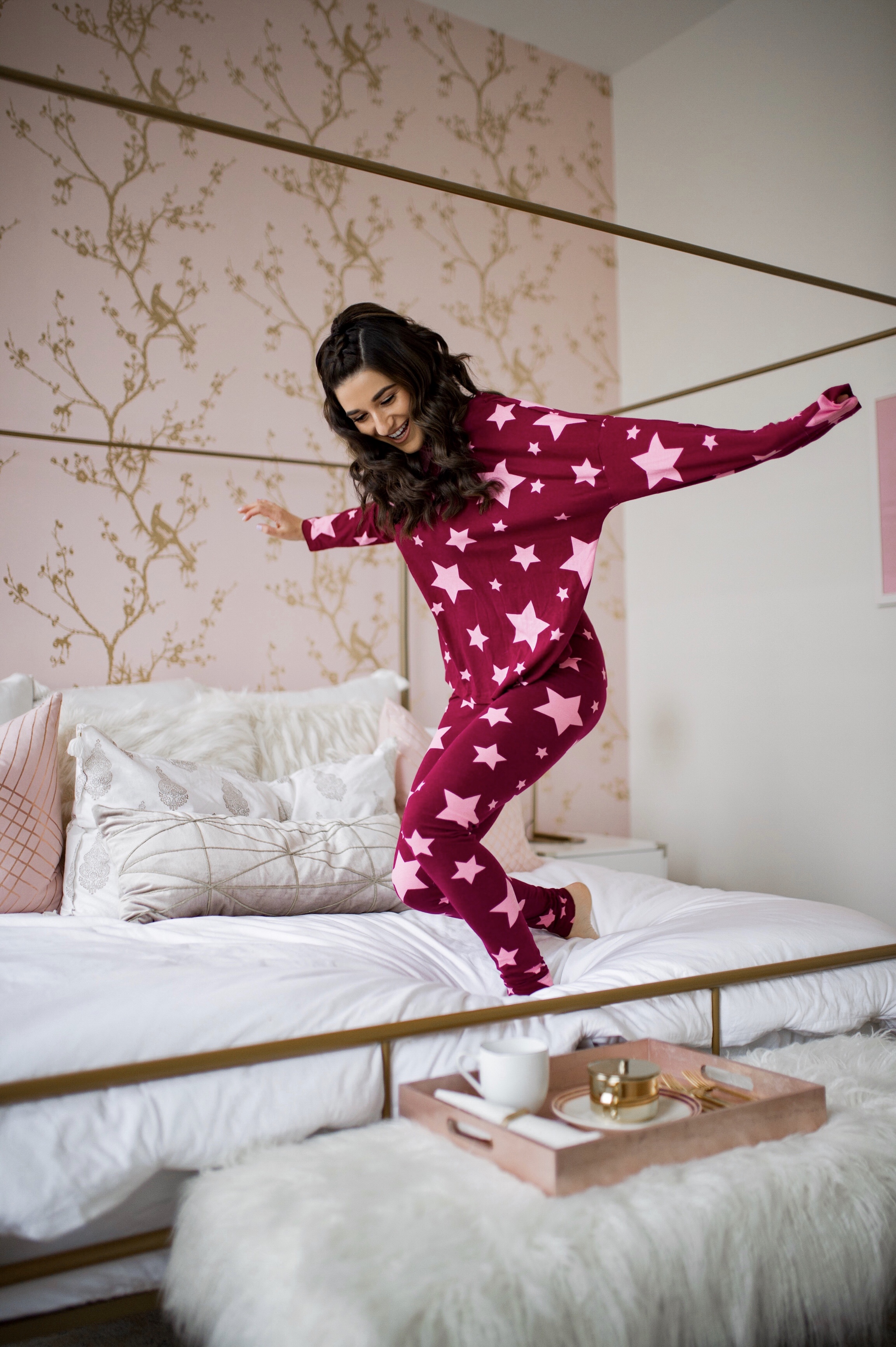 How I Became A Full Time Blogger Pink Star Pajamas Esther Santer Fashion Blog NYC Street Style Blogger Outfit OOTD Trendy Shopping ASOS Shopping Cute Pretty Hairstyle Laurel Creative New York City Penthouse Photoshoot Bedroom Wayfair Furniture Modern .jpg