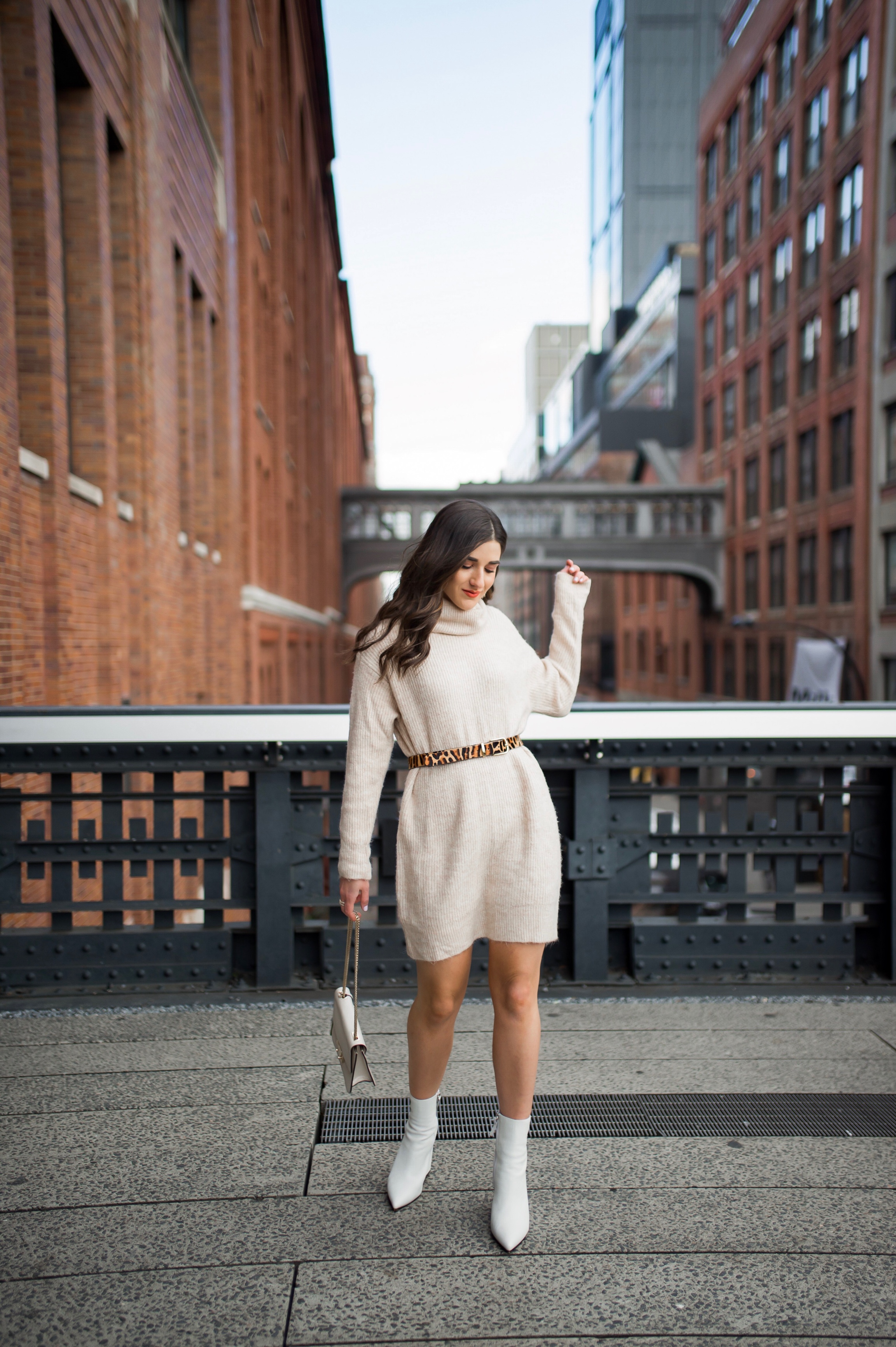 Why Blogging Is Far From Freeloading Beige Sweater Dress White Booties Esther Santer Fashion Blog NYC Street Style Blogger Outfit OOTD Trendy Shopping Leopard Belt Neutral Winter How To Wear Shop Sale Mango Jcrew Inspiration  The High Line Photoshoot.jpg