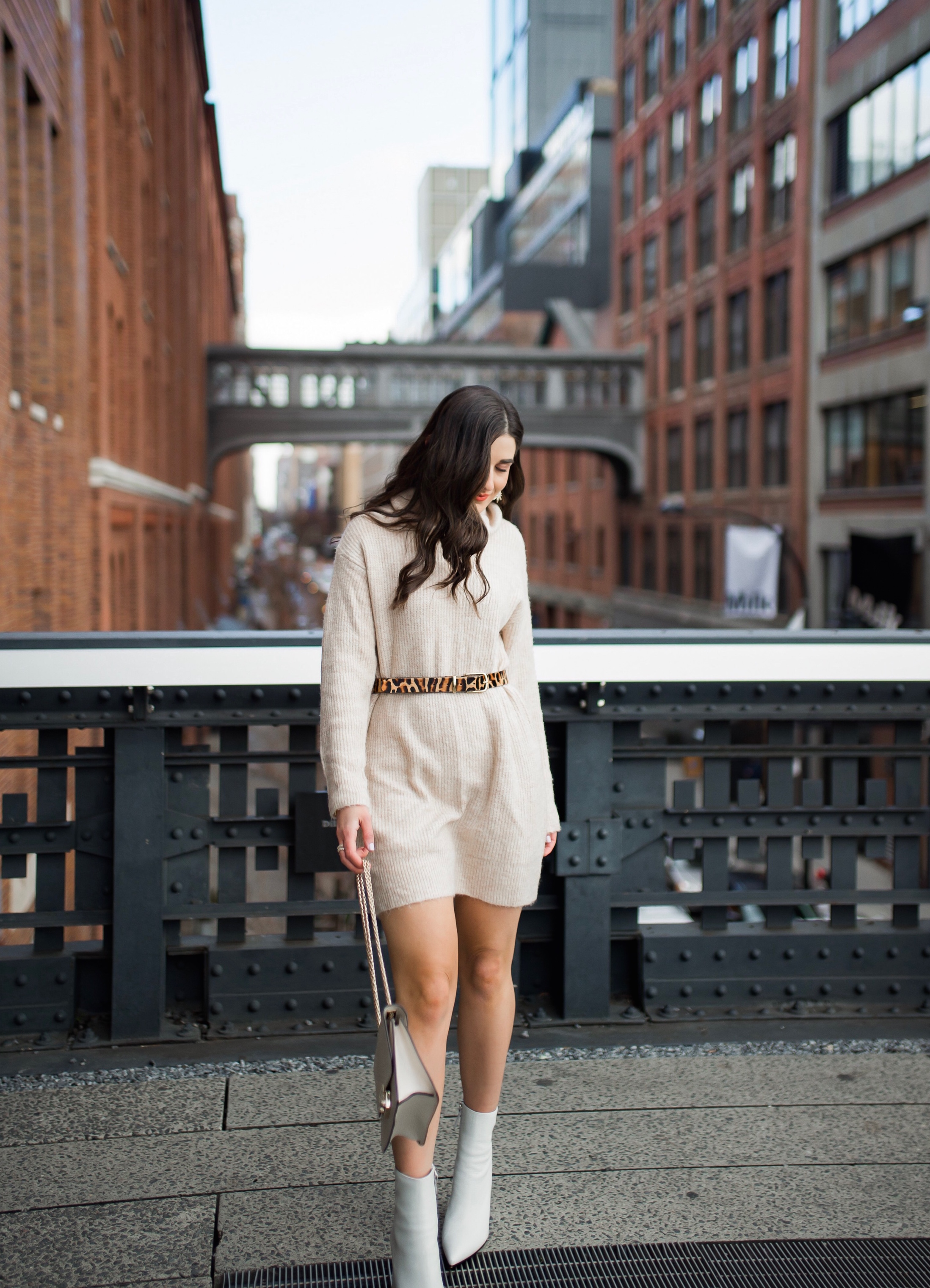 Why Blogging Is Far From Freeloading Beige Sweater Dress White Booties Esther Santer Fashion Blog NYC Street Style Blogger Outfit OOTD Trendy Shopping Leopard Belt Neutral Winter How To Wear Shop  Sale Mango Jcrew Inspiration The High Line Photoshoot.jpg