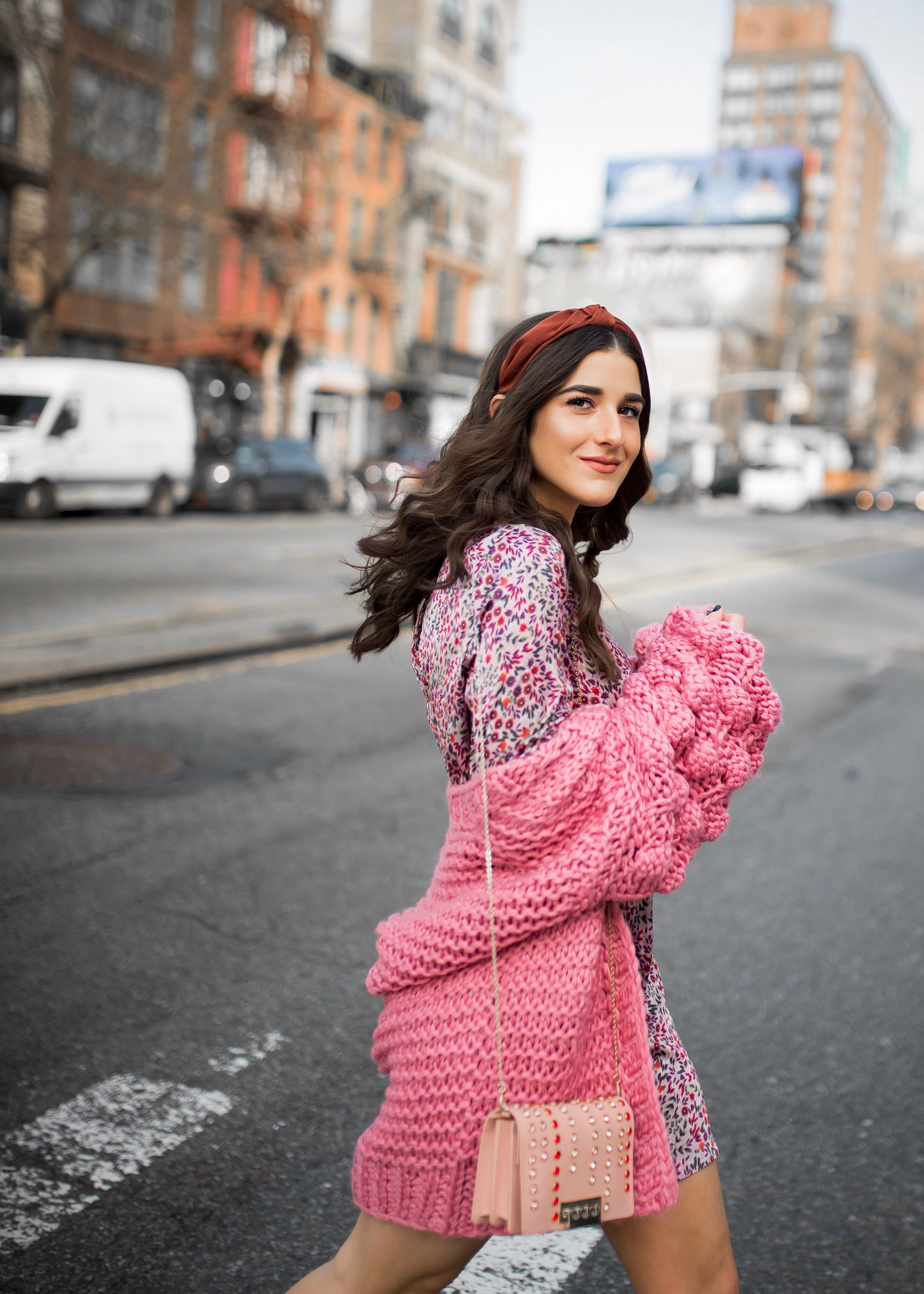 How Being In A Miserable Job Shaped My Entire Career Silk Floral Dress + Pink Pom Pom Sweater Esther Santer Fashion Blog NYC Street Style Blogger Outfit OOTD Trendy Shopping Mango Sale Winter How To Wear Maroon Velvet Booties Zac Posen  Swarovski Bag.jpg