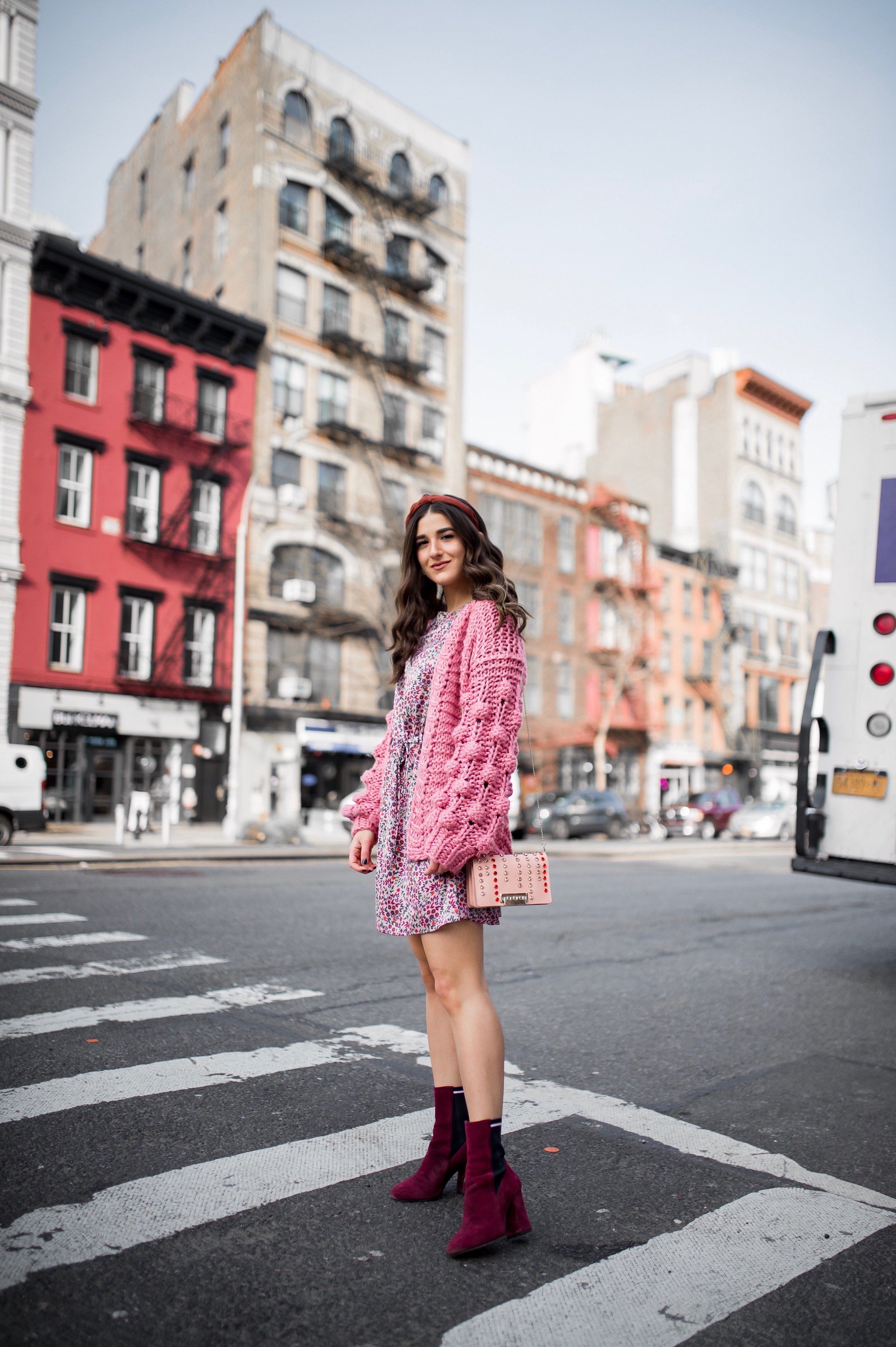 How Being In A Miserable Job Shaped My Entire Career Silk Floral Dress + Pink Pom Pom Sweater Esther Santer Fashion Blog NYC Street Style Blogger Outfit OOTD Trendy Shopping Mango Sale Winter How To Wear Maroon Velvet Booties Zac Posen Swarovski Bag.jpg
