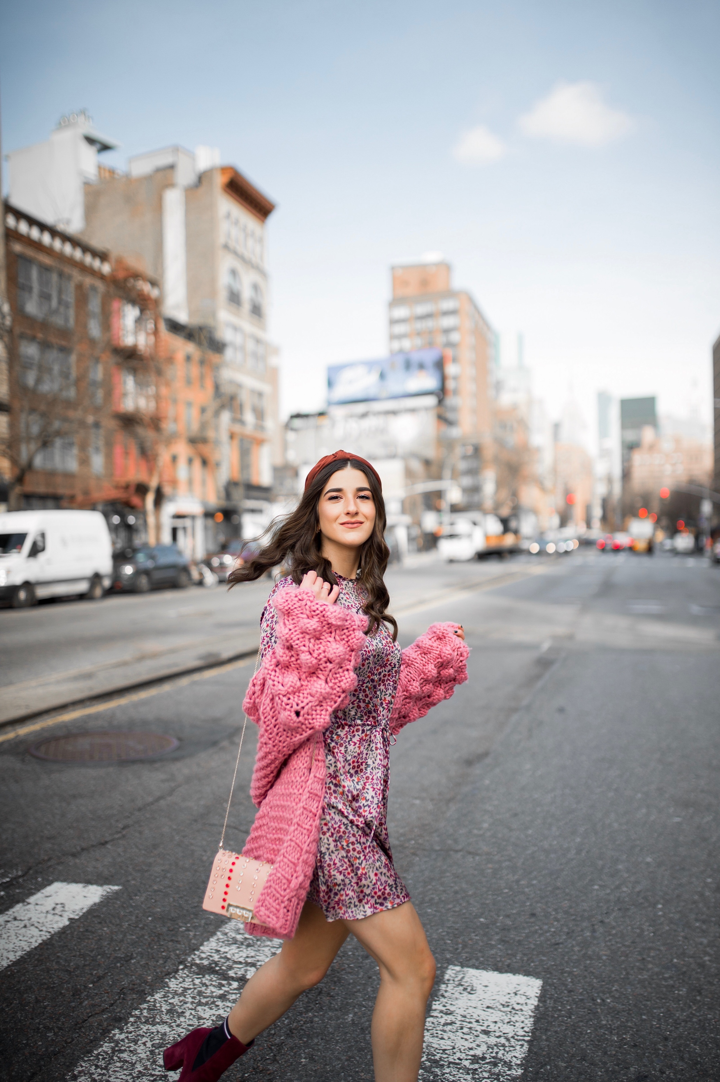 How Being In A Miserable Job Shaped My Entire Career Silk Floral Dress + Pink Pom Pom Sweater Esther Santer Fashion Blog NYC Street Style Blogger  Outfit OOTD Trendy Shopping Mango Sale Winter How To Wear Maroon Velvet Booties Zac Posen Swarovski Bag.jpg