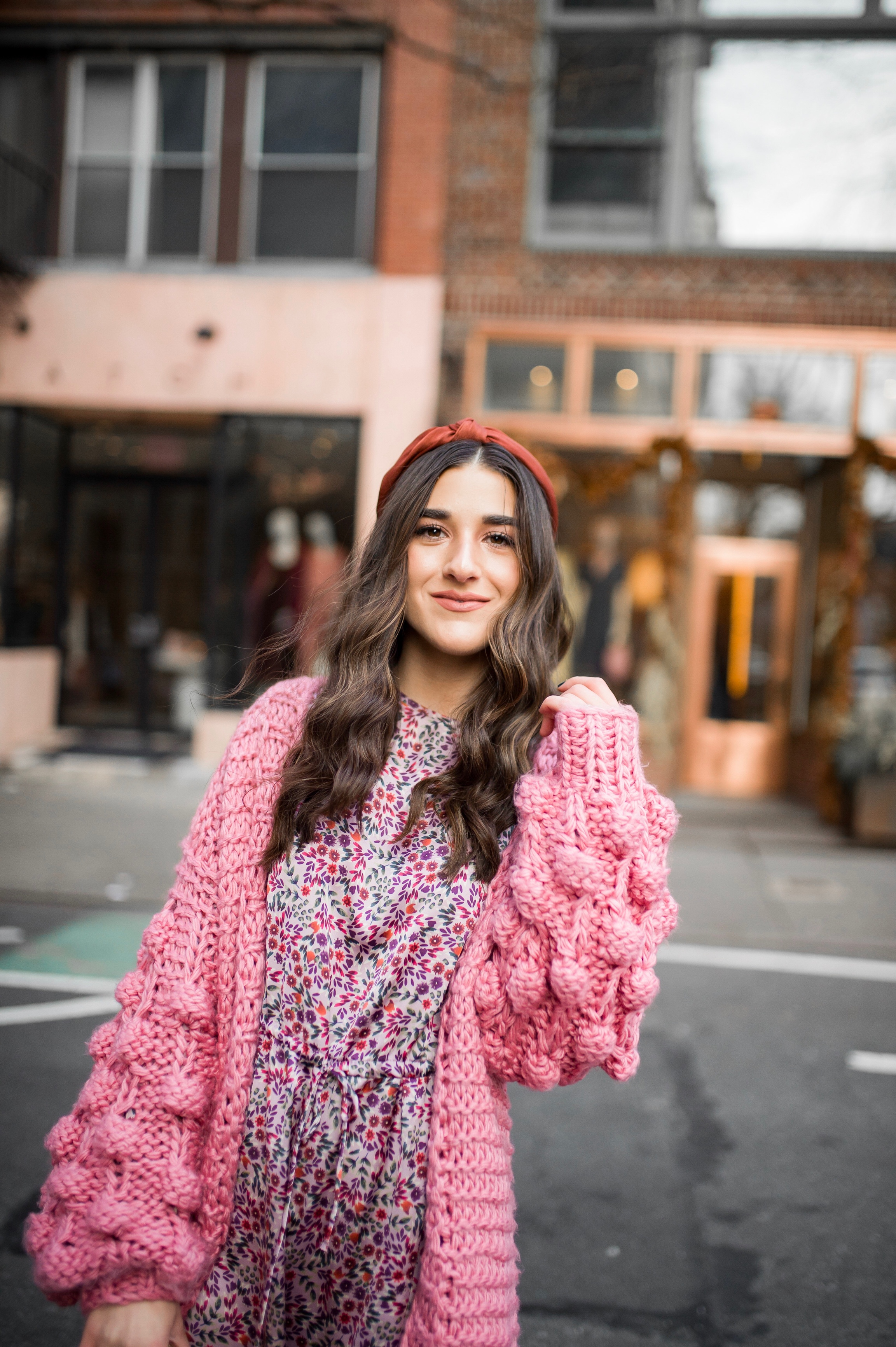 How Being In A Miserable Job Shaped My Entire Career Silk Floral Dress + Pink Pom Pom Sweater Esther Santer Fashion Blog NYC Street Style Blogger Outfit OOTD Trendy Shopping Mango Sale Winter How To Wear Maroon Velvet Booties  Zac Posen Swarovski Bag.jpg