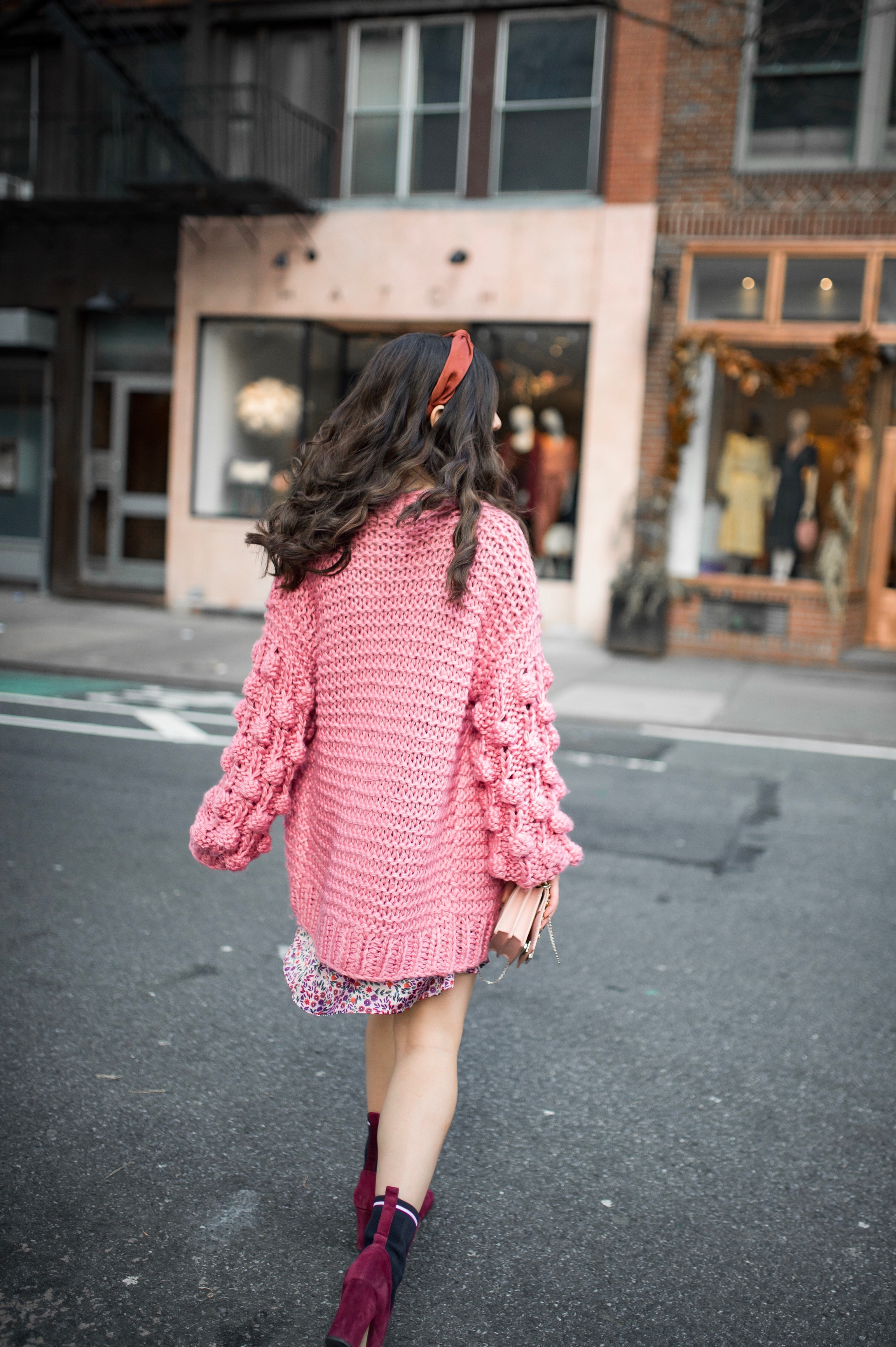 How Being In A Miserable Job Shaped My Entire Career Silk Floral Dress + Pink Pom Pom Sweater Esther Santer Fashion Blog NYC Street Style Blogger Outfit OOTD Trendy  Shopping Mango Sale Winter How To Wear Maroon Velvet Booties Zac Posen Swarovski Bag.jpg