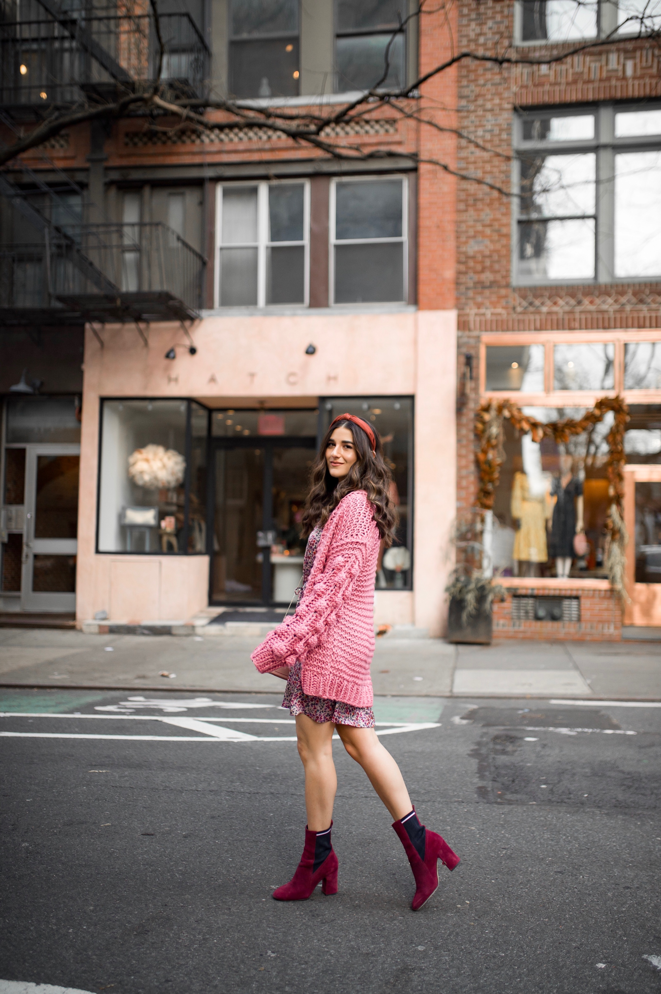 How Being In A Miserable Job Shaped My Entire Career Silk Floral Dress + Pink Pom Pom Sweater Esther Santer Fashion Blog NYC Street Style Blogger Outfit OOTD Trendy Shopping Mango Sale Winter How  To Wear Maroon Velvet Booties Zac Posen Swarovski Bag.jpg