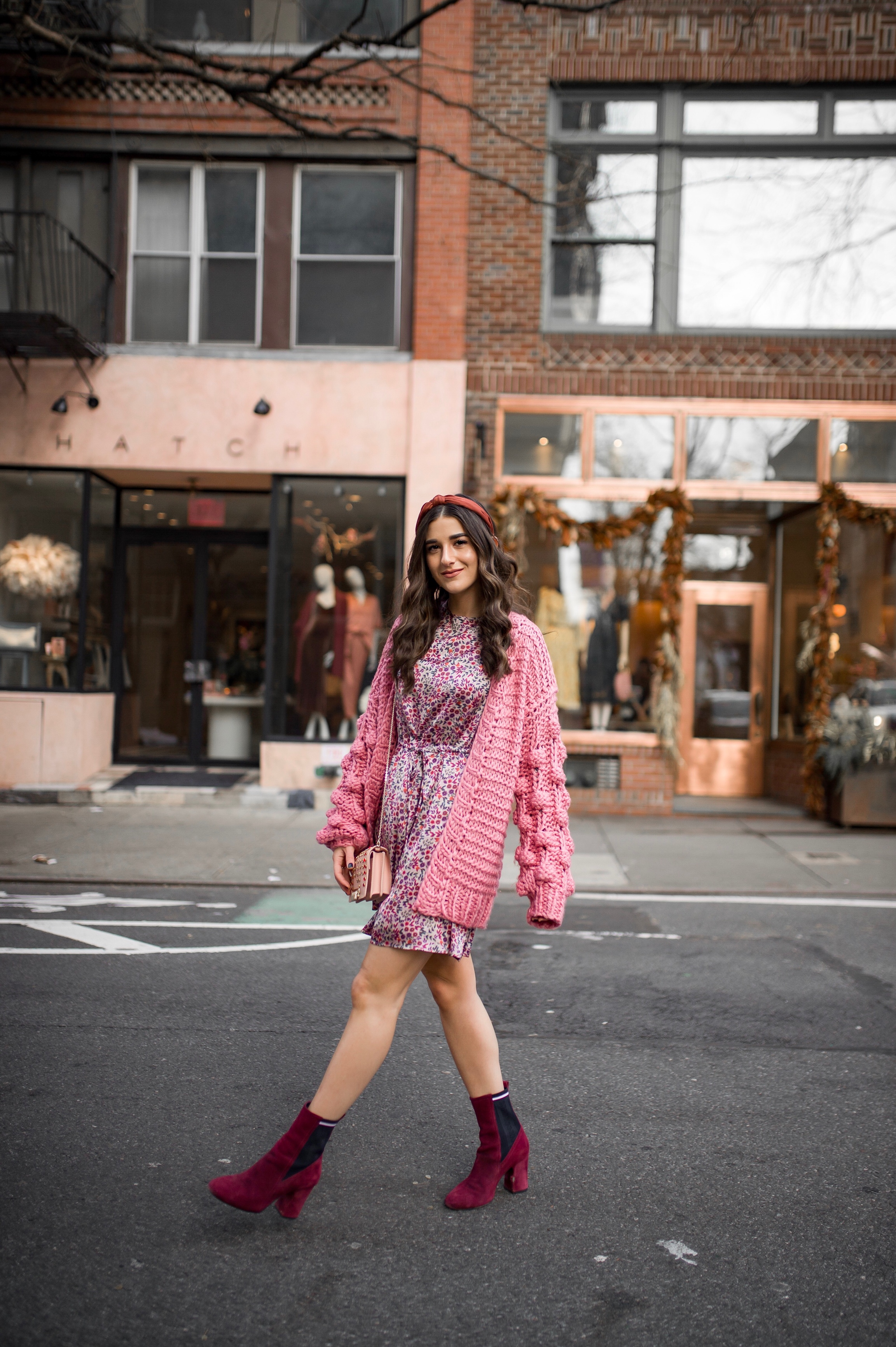 How Being In A Miserable Job Shaped My Entire Career Silk Floral Dress + Pink Pom Pom Sweater Esther Santer Fashion Blog NYC Street Style Blogger Outfit OOTD Trendy Shopping Mango Sale Winter How To  Wear Maroon Velvet Booties Zac Posen Swarovski Bag.jpg