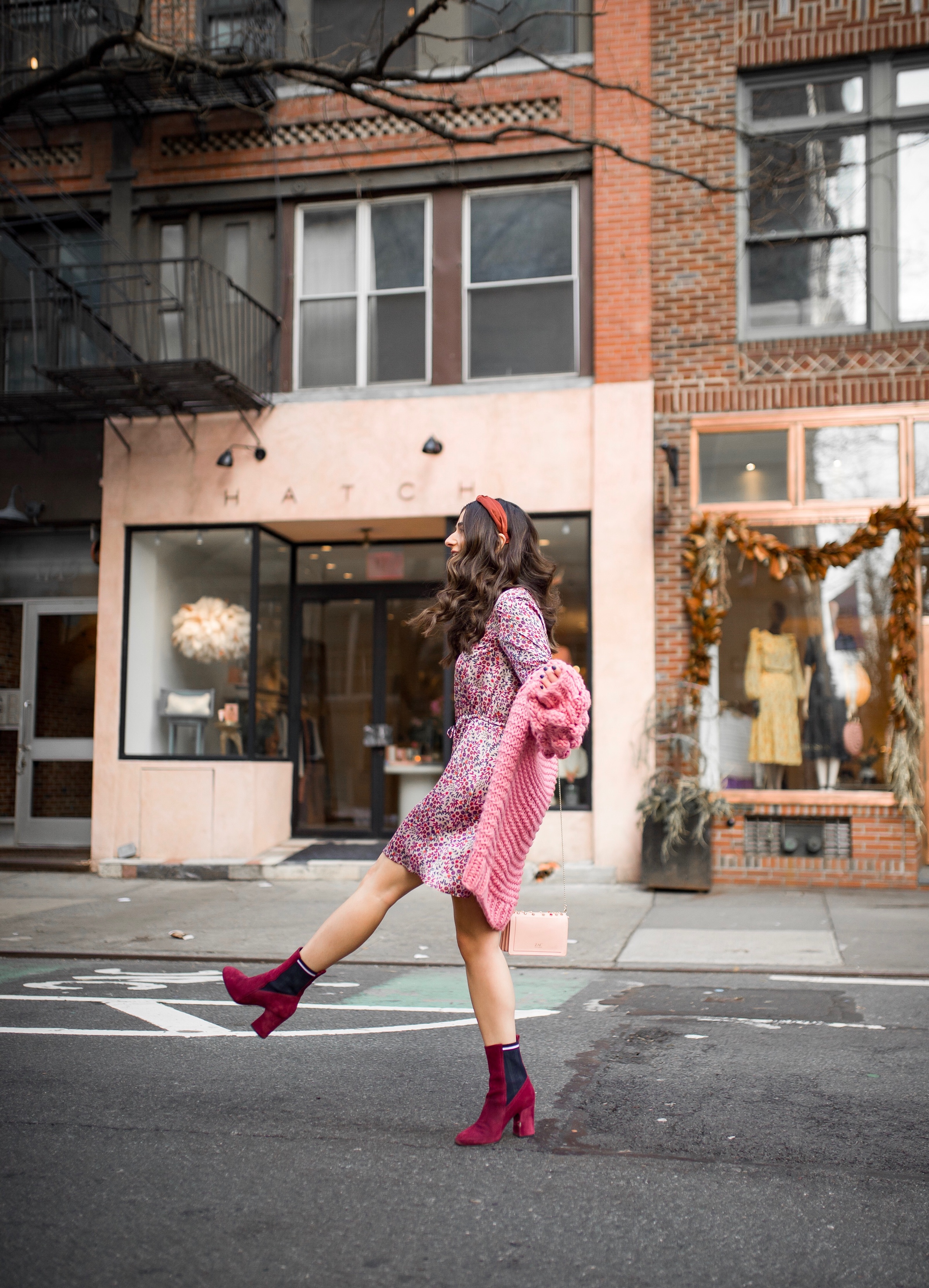 How Being In A Miserable Job Shaped My Entire Career Silk Floral Dress + Pink Pom Pom Sweater Esther Santer Fashion Blog NYC Street Style Blogger Outfit OOTD Trendy Shopping Mango Sale  Winter How To Wear Maroon Velvet Booties Zac Posen Swarovski Bag.jpg