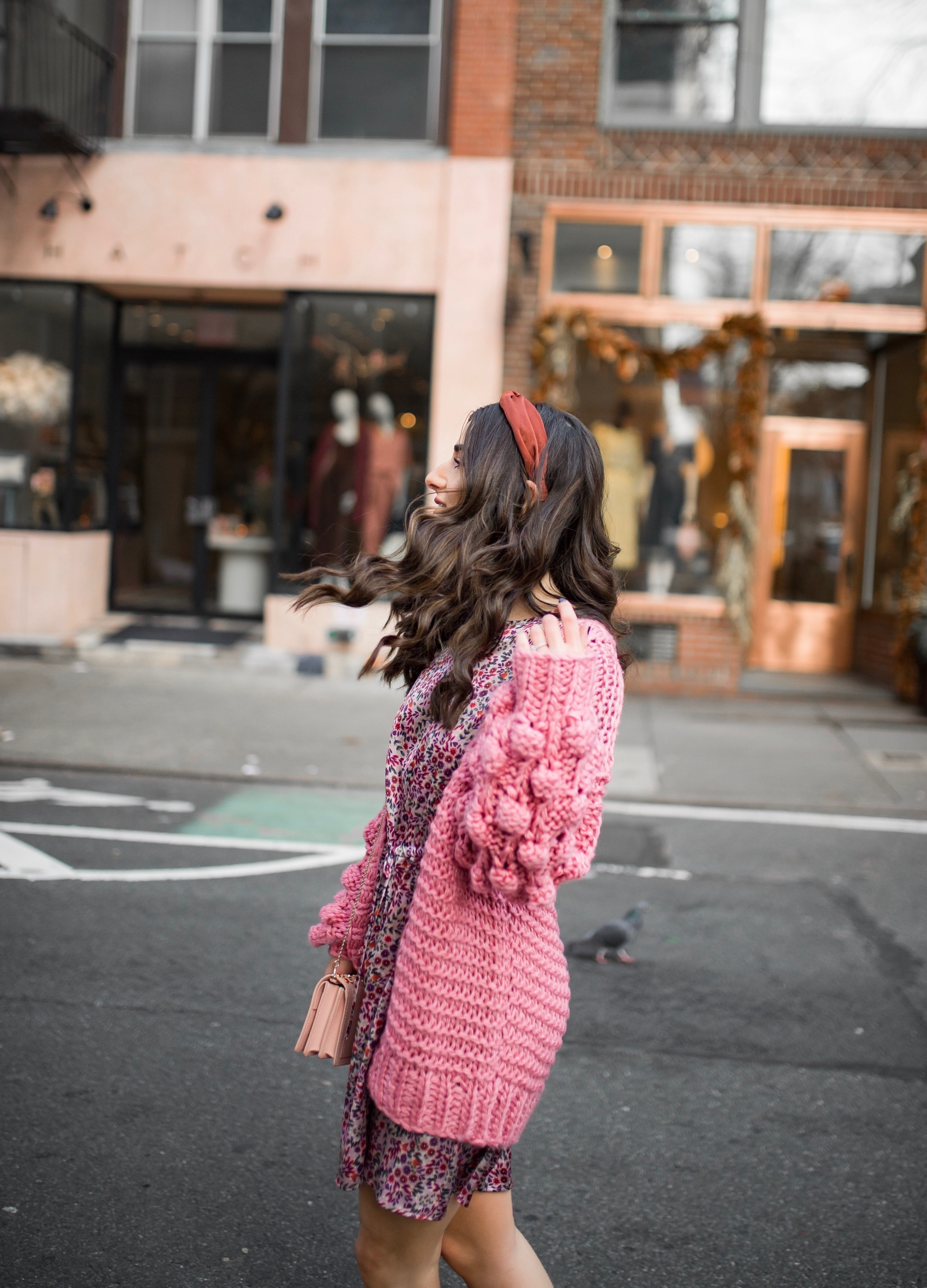 How Being In A Miserable Job Shaped My Entire Career Silk Floral Dress + Pink Pom Pom Sweater Esther Santer Fashion Blog NYC Street Style Blogger Outfit OOTD Trendy Shopping Mango Sale Winter How To Wear Maroon Velvet Booties Zac  Posen Swarovski Bag.jpg