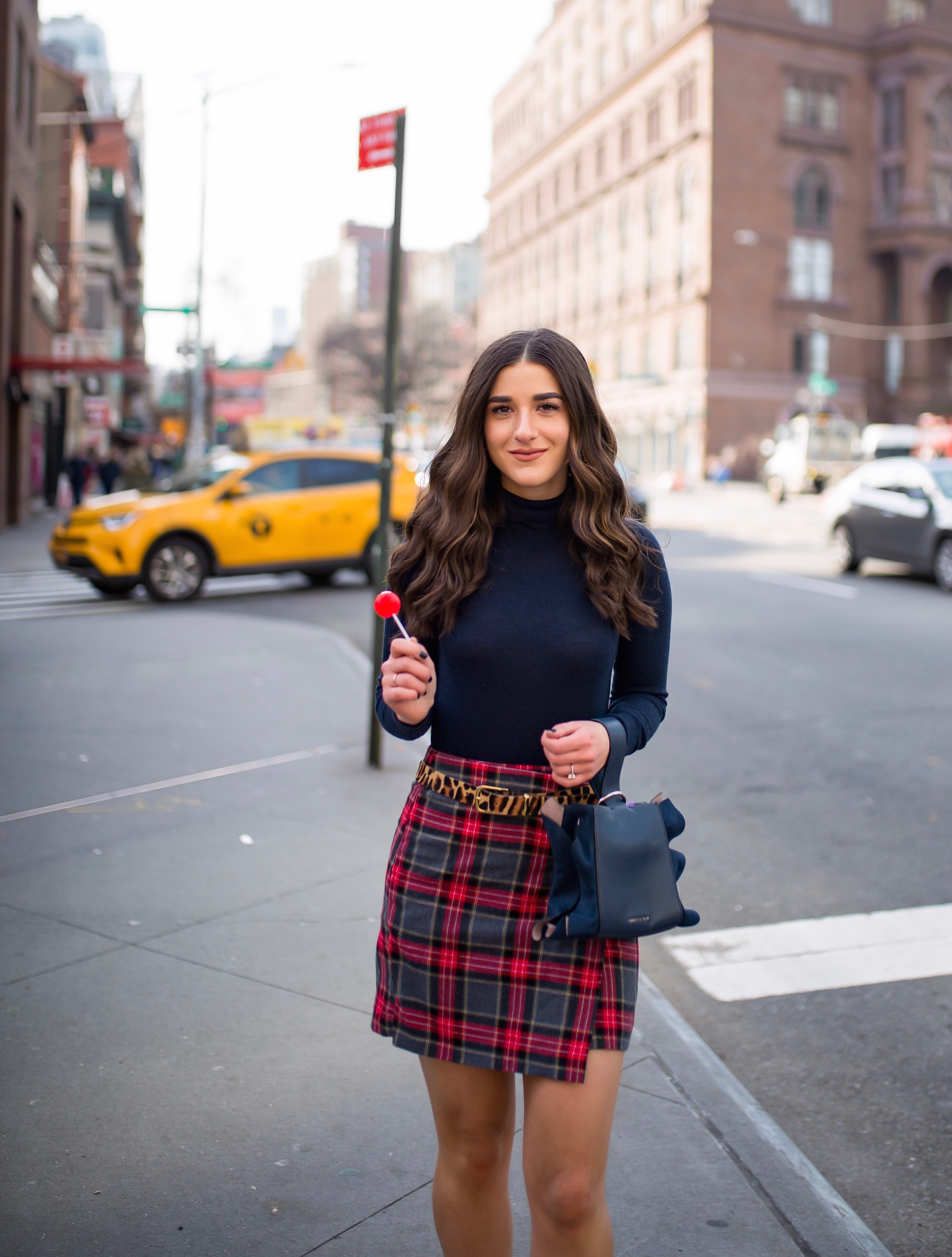 How NYFW Changed From My 1st To 12th Season Plaid Skirt Red Heels Esther Santer Fashion Blog NYC Street Style Blogger Outfit OOTD Trendy Shopping Navy Turtleneck Hair Goals Wear Winter Fall Shop Jcrew  H&M Banana Republic Leopard Belt Accessories Bag.jpg