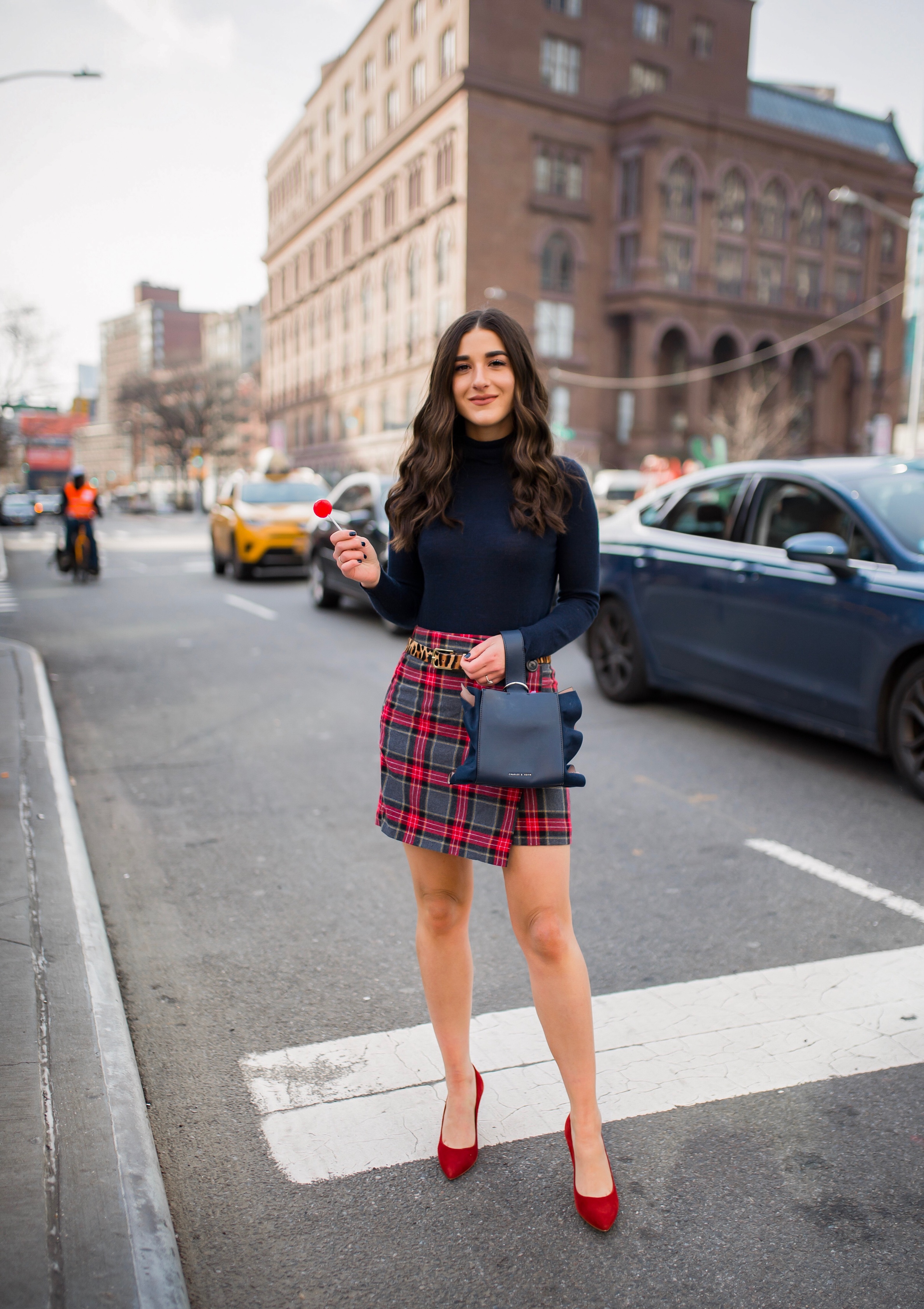 How NYFW Changed From My 1st To 12th Season Plaid Skirt Red Heels Esther Santer Fashion Blog NYC Street Style Blogger Outfit OOTD Trendy Shopping Navy Turtleneck Hair Goals Wear Winter Fall Shop Jcrew H&M Banana  Republic Leopard Belt Accessories Bag.jpg