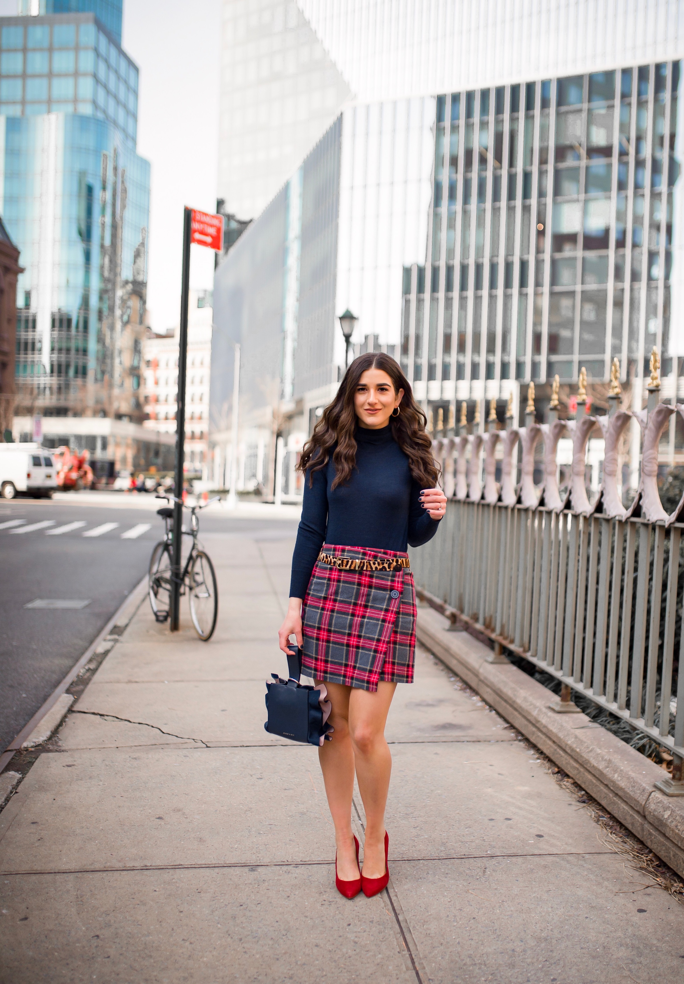 How NYFW Changed From My 1st To 12th Season Plaid Skirt Red Heels Esther Santer Fashion Blog NYC Street Style Blogger Outfit OOTD Trendy Shopping Navy Turtleneck Hair Goals Wear Winter Fall Shop Jcrew H&M Banana  Republic  Leopard Belt Accessories Bag.jpg