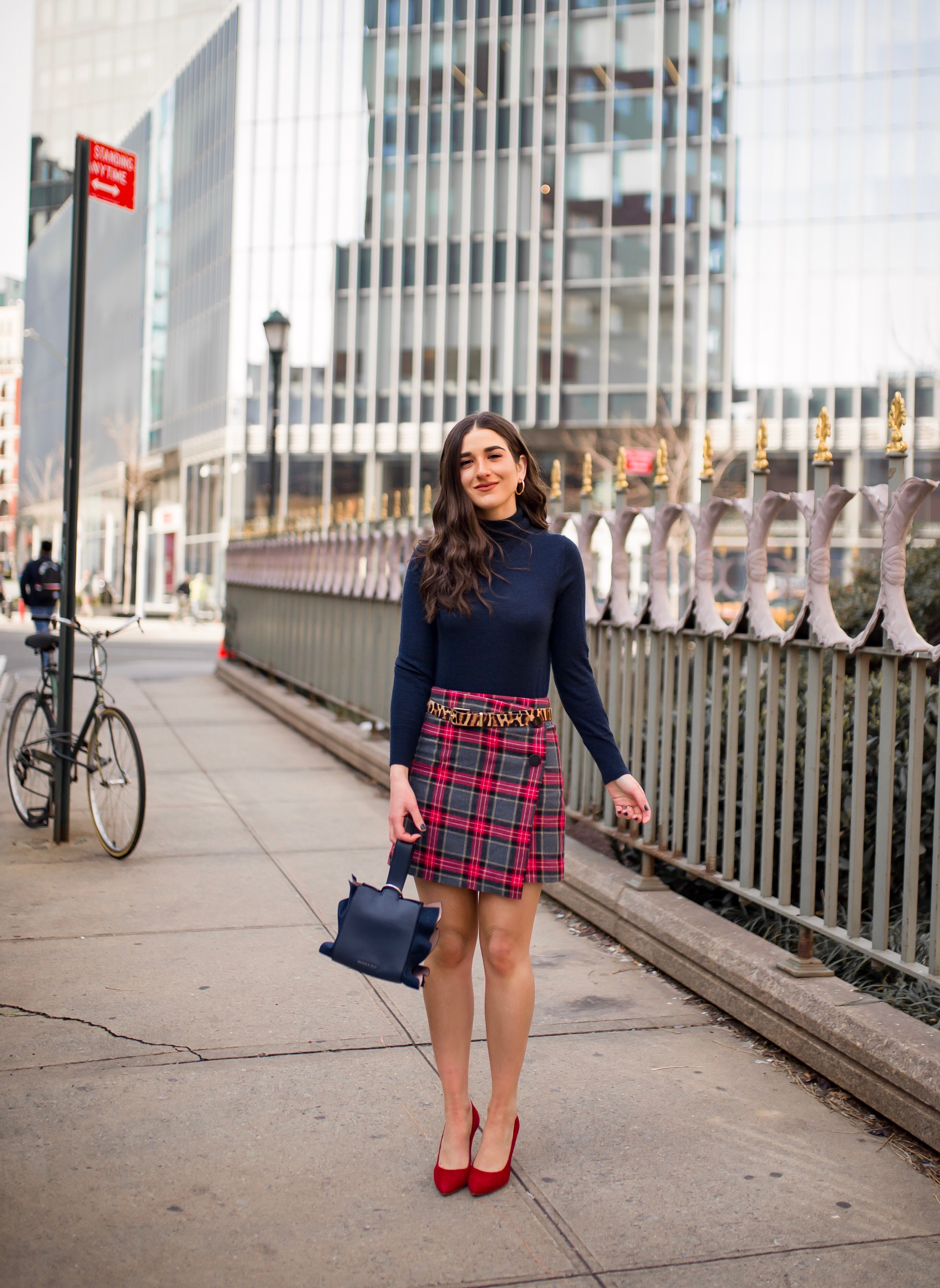 How NYFW Changed From My 1st To 12th Season Plaid Skirt Red Heels Esther Santer Fashion Blog NYC Street Style Blogger Outfit OOTD Trendy Shopping Navy Turtleneck Hair Goals Wear Winter Fall Shop Jcrew H&M Banana Republic Leopard  Belt Accessories Bag.jpg
