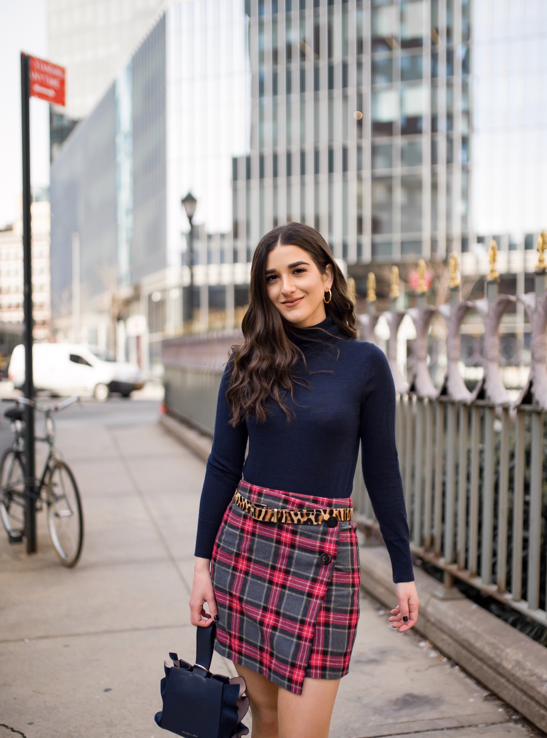 How NYFW Changed From My 1st To 12th Season Plaid Skirt Red Heels Esther Santer Fashion Blog NYC Street Style Blogger Outfit OOTD Trendy Shopping Navy Turtleneck Hair Goals Wear Winter Fall Shop Jcrew H&M Banana Republic Leopard Belt Accessories  Bag.jpg
