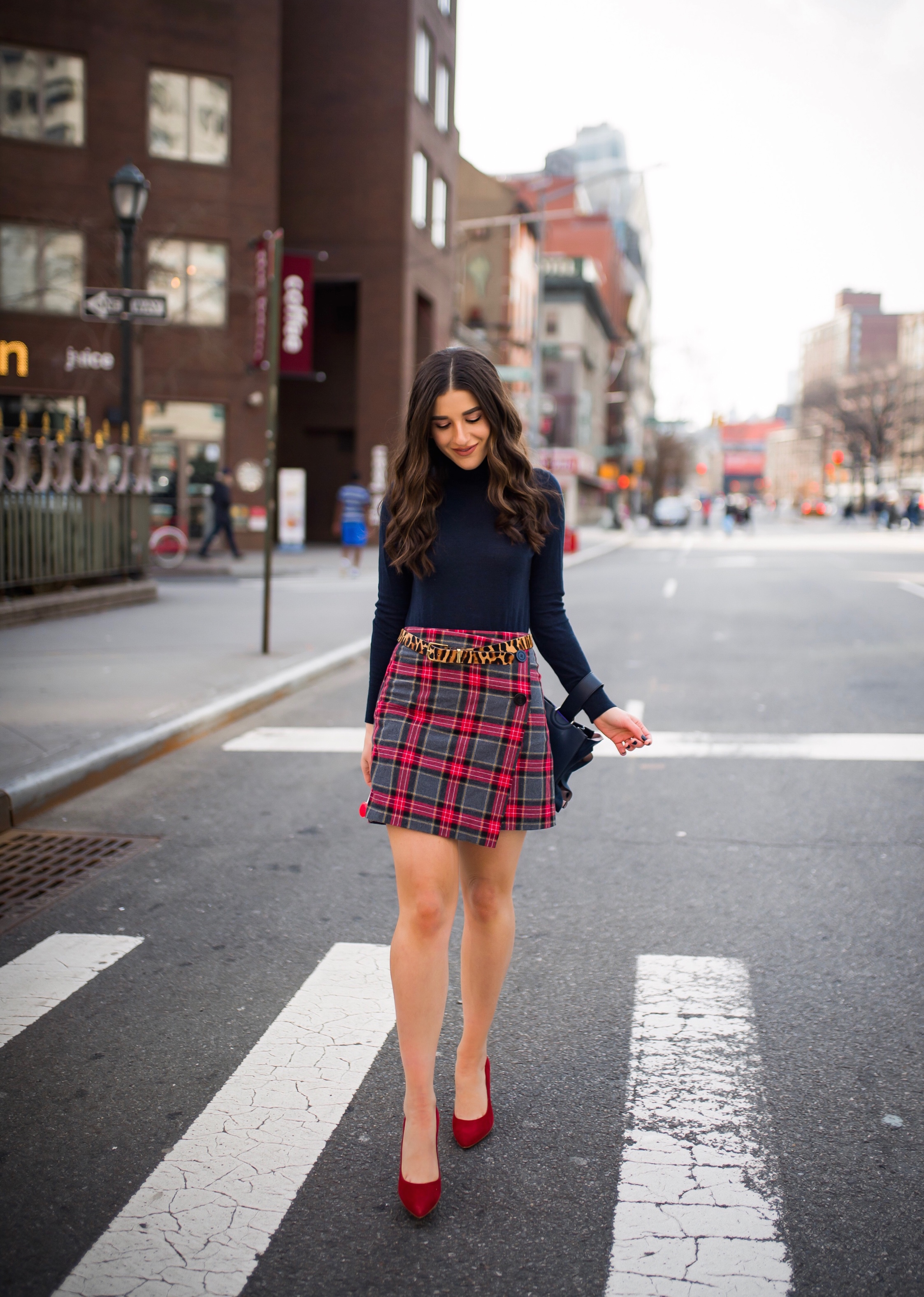 How NYFW Changed From My 1st To 12th Season Plaid Skirt Red Heels Esther Santer Fashion Blog NYC Street Style Blogger Outfit OOTD Trendy Shopping Navy Turtleneck Hair Goals Wear Winter Fall Shop Jcrew H&M Banana Republic Leopard Belt  Accessories Bag.jpg