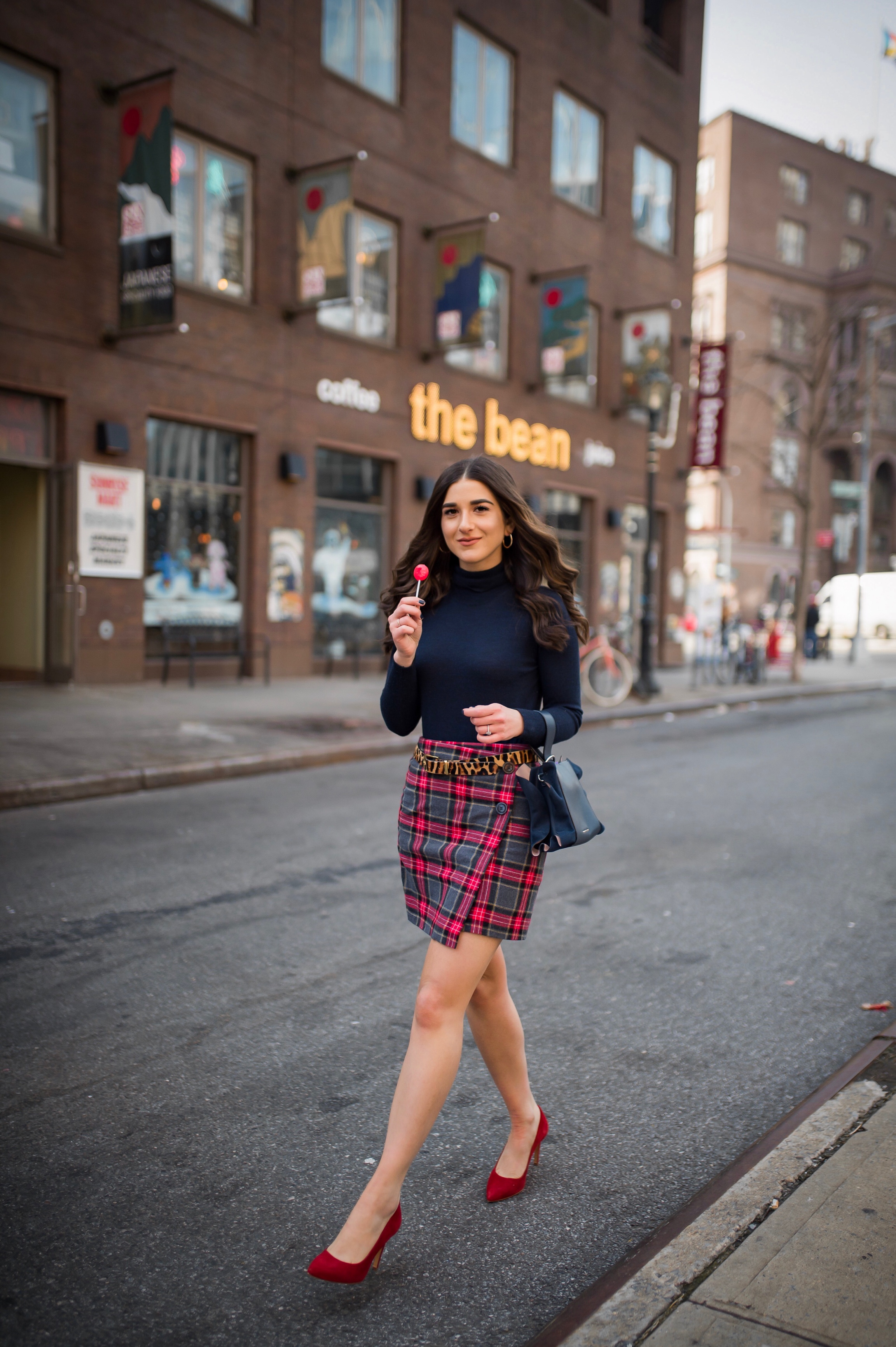 How NYFW Changed From My 1st To 12th Season Plaid Skirt Red Heels Esther Santer Fashion Blog NYC Street Style Blogger Outfit OOTD Trendy Shopping Navy Turtleneck Hair Goals Wear Winter Fall Shop Jcrew H&M Banana Republic Leopard Belt Accessories Bag.jpg