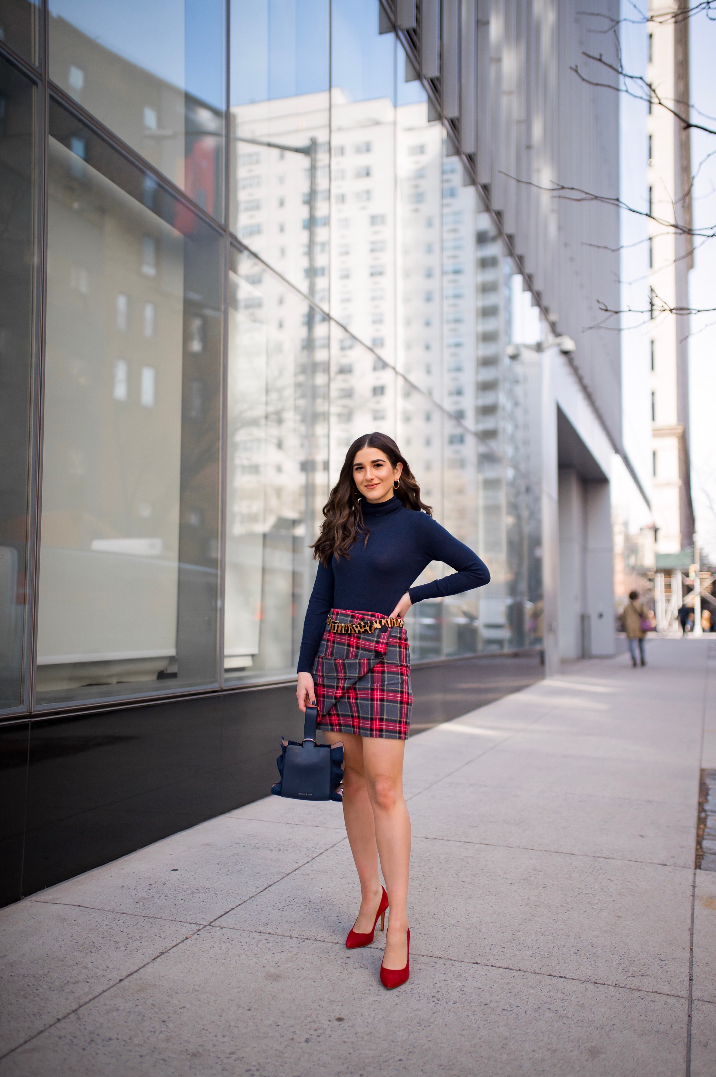 How NYFW Changed From My 1st To 12th Season Plaid Skirt Red Heels Esther Santer Fashion Blog NYC Street Style Blogger Outfit OOTD Trendy Shopping Navy Turtleneck Hair Goals Wear Winter Fall Shop Jcrew H&M Banana Republic Leopard Belt Accessories Bag .jpg