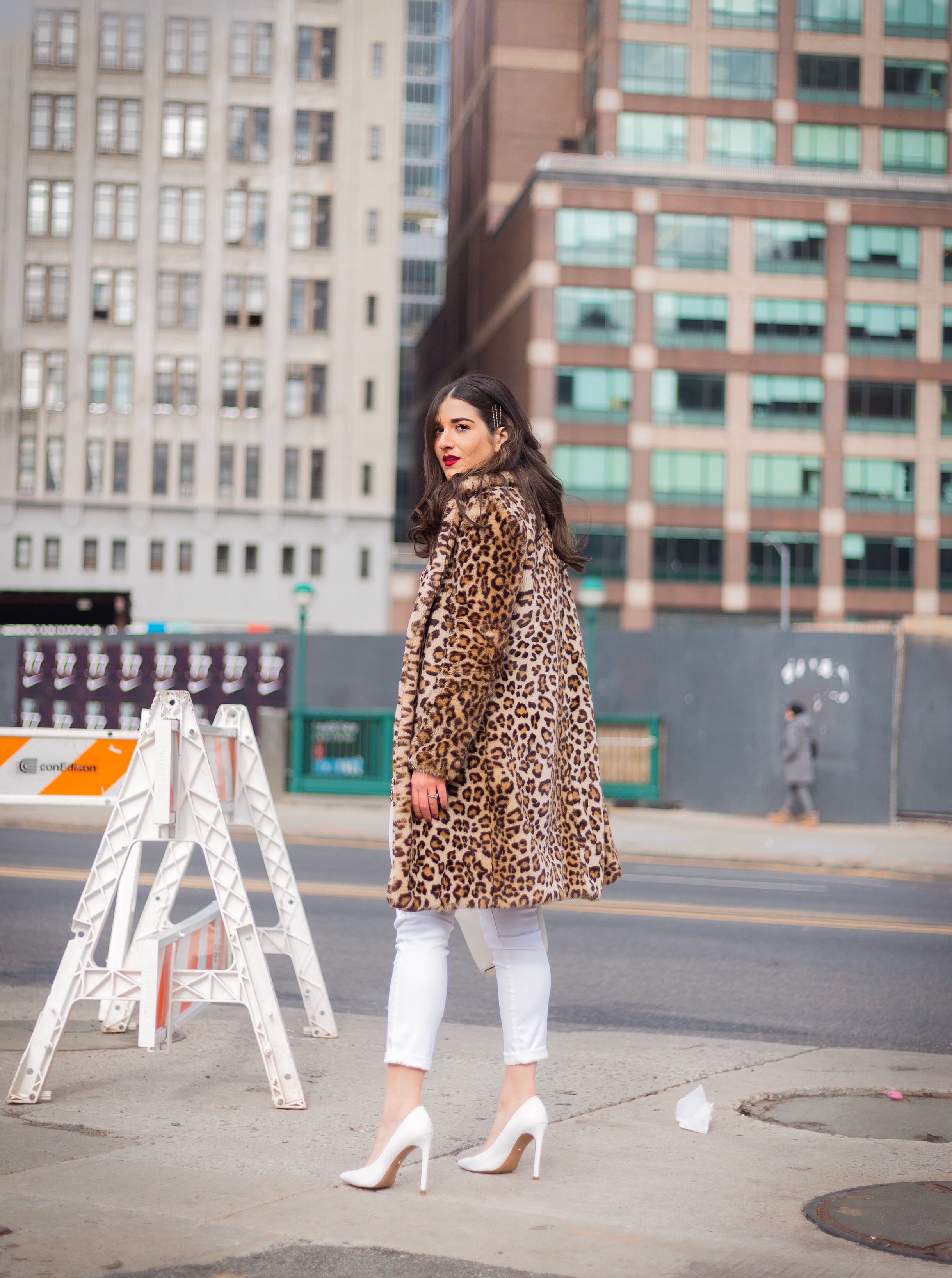 Dressing Up My Democracy Denim Esther Santer Fashion Blog NYC Street Style Blogger Outfit OOTD Trendy Shopping White Jeans Leopard Top Coat Inspo Bobby Pins Hair Trend White Heels Chaya Ross Photography Gold Belt Cream Chain Small Bag Wear Inspiration.jpg