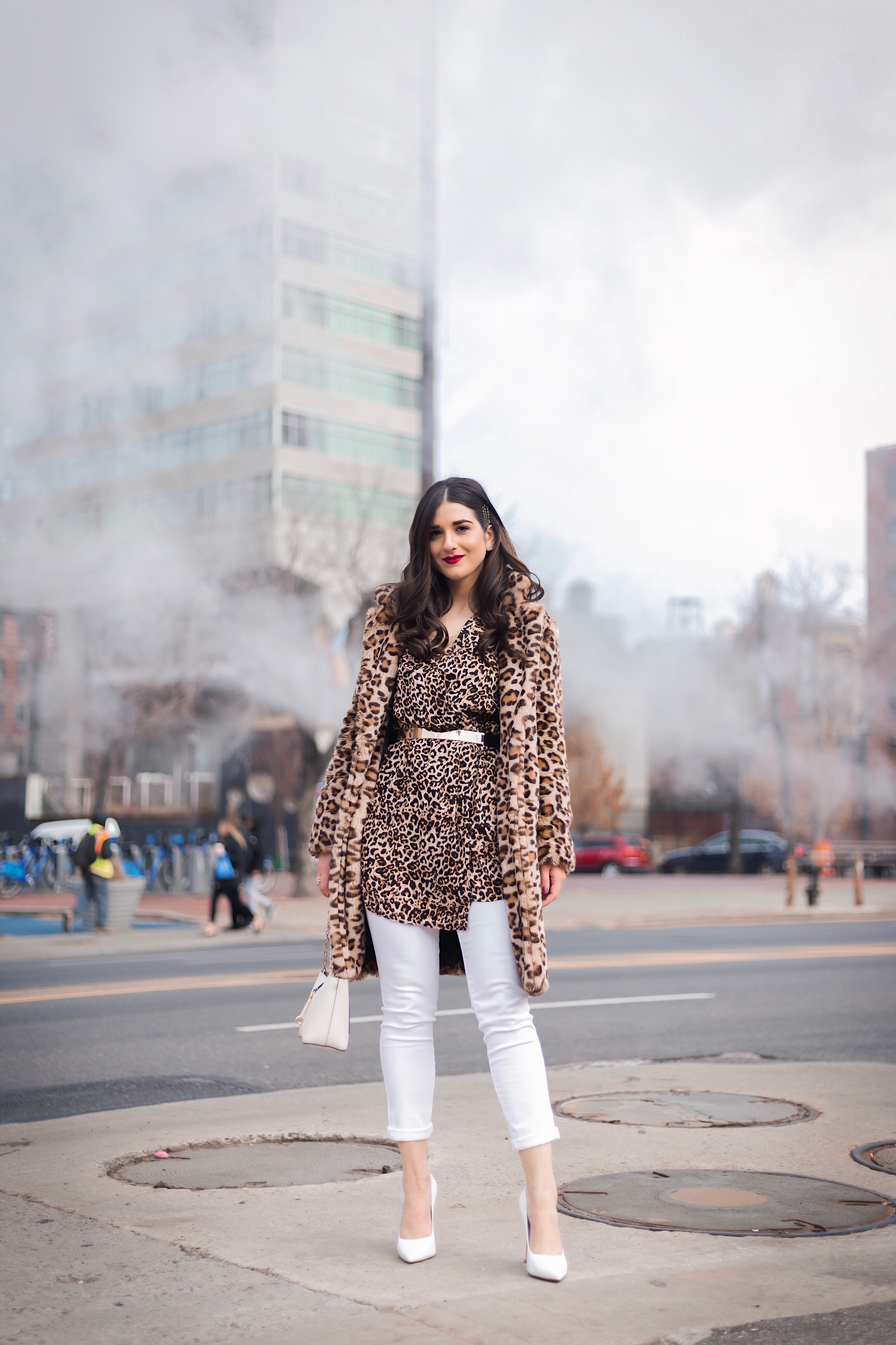 Dressing Up My Democracy Denim Esther Santer Fashion Blog NYC Street Style Blogger Outfit OOTD Trendy Shopping White Jeans Leopard Top Coat Inspo Bobby Pins Hair Trend White Heels Chaya Ross Photography Gold Belt Wear Cream Chain Small Bag Inspiration.jpg