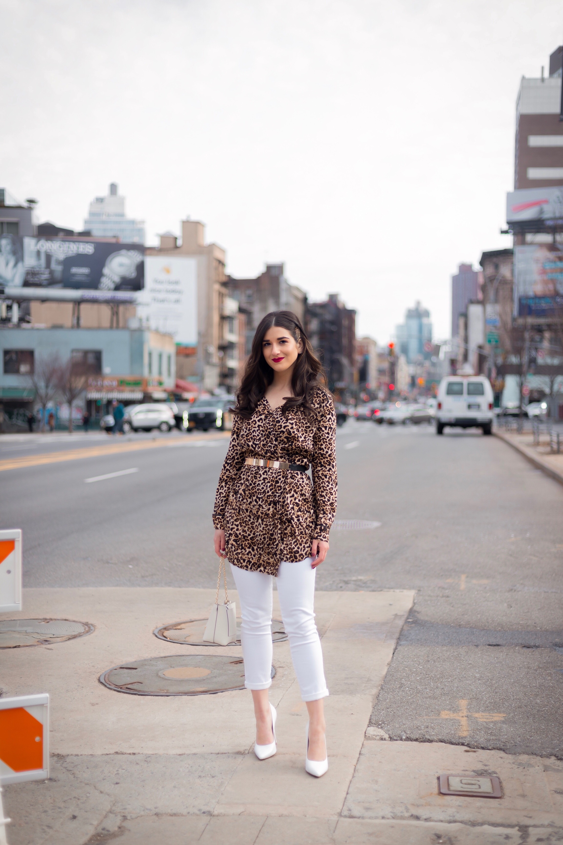 Dressing Up My Democracy Denim Esther Santer Fashion Blog NYC Street Style Blogger Outfit OOTD Trendy Shopping White Jeans Leopard Top Coat Inspo Bobby Pins Hair Trend White Heels Wear Chaya Ross Photography Inspiration Cream Chain Small Bag Gold Belt.jpg