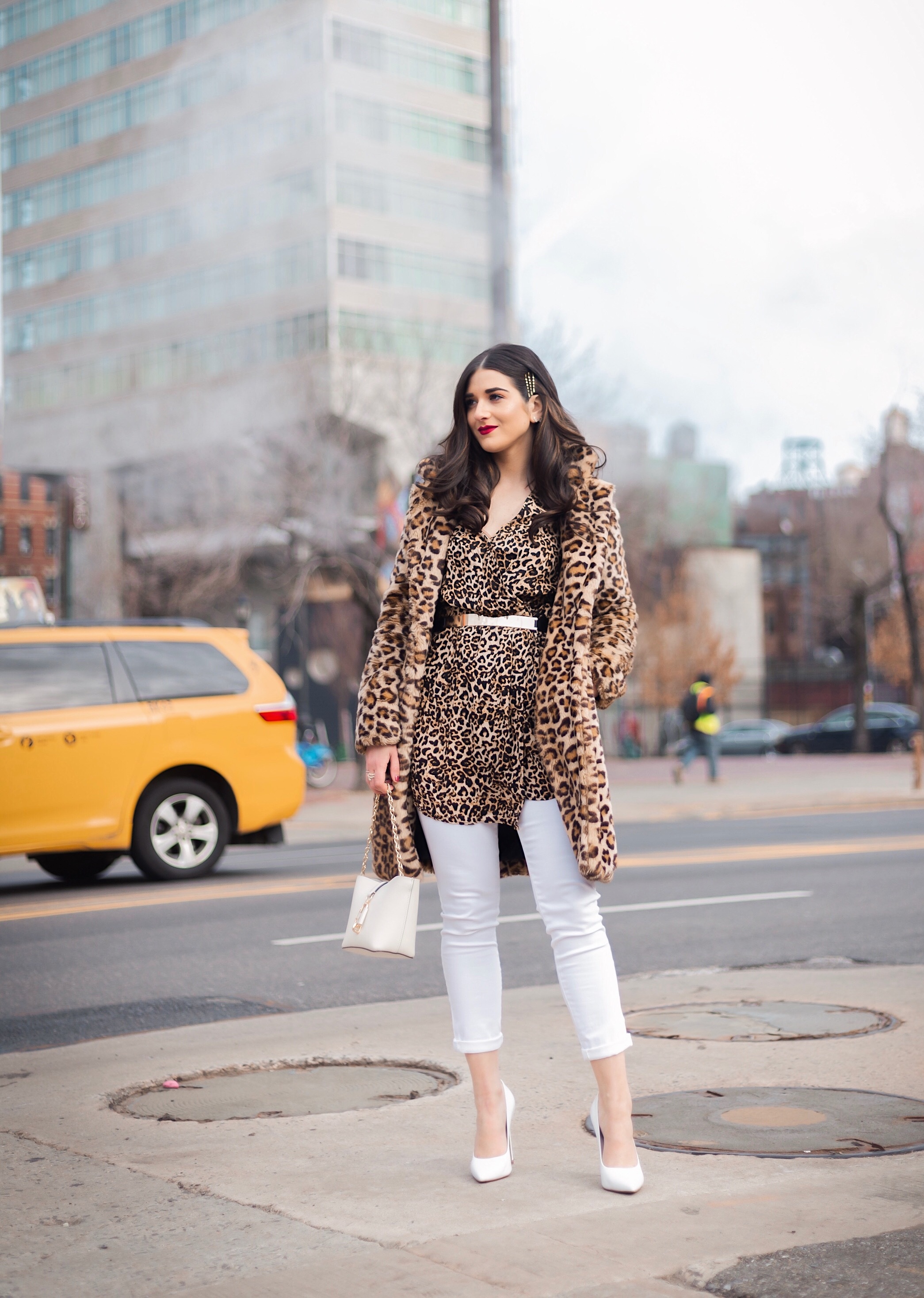 Dressing Up My Democracy Denim Esther Santer Fashion Blog NYC Street Style Blogger Outfit OOTD Trendy Shopping White Jeans Leopard Top Coat Inspo Bobby Pins Hair Trend White Heels Wear Chaya Ross Photography Inspiration Gold Belt Cream Chain Small Bag.jpg