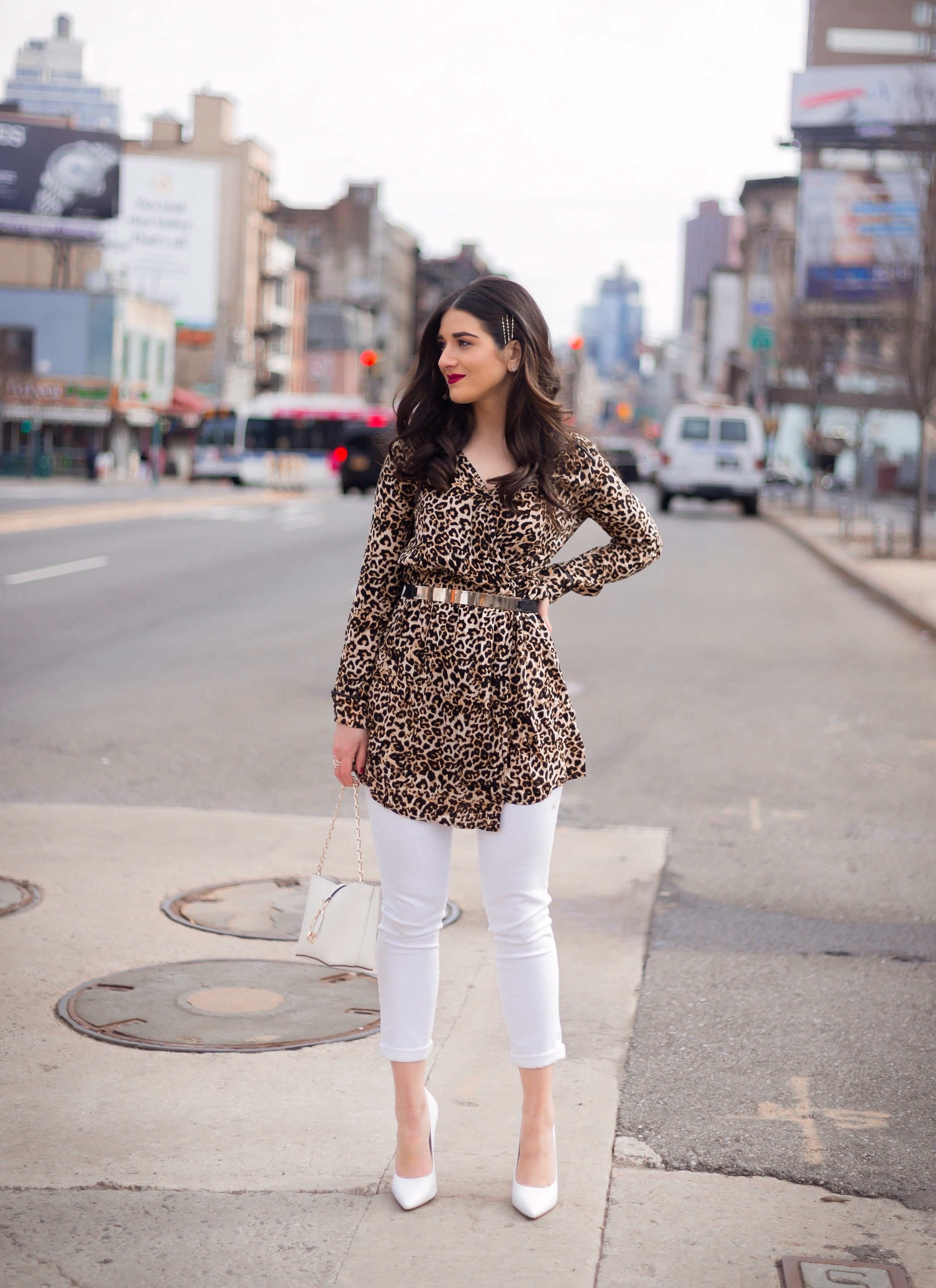 Dressing Up My Democracy Denim Esther Santer Fashion Blog NYC Street Style Blogger Outfit OOTD Trendy Shopping White Jeans Leopard Top Coat Inspo Bobby Pins Hair Trend White Heels Chaya Ross Photography Wear Gold Belt Cream Chain Small Bag Inspiration.jpg