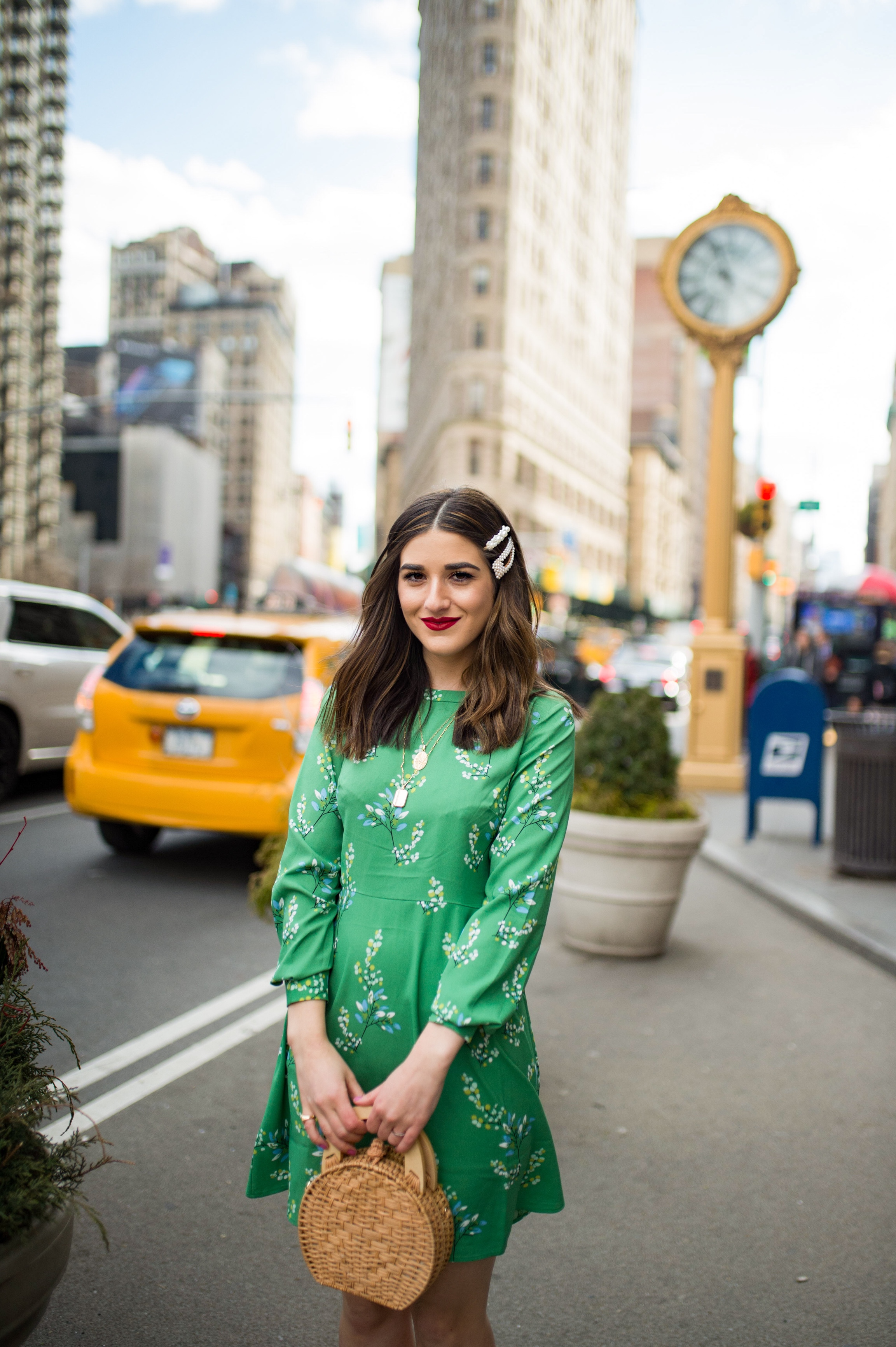Styling Green For Spring LOFT Esther Santer Fashion Blog NYC Street Style Blogger Outfit OOTD Trendy Shopping White Heels Basket Circle Bag Florals Hair Accessories Pearl Clips Flatiron Photoshoot  Inspo Inspiration Petite Dress Inclusive Sizing Bag.jpg