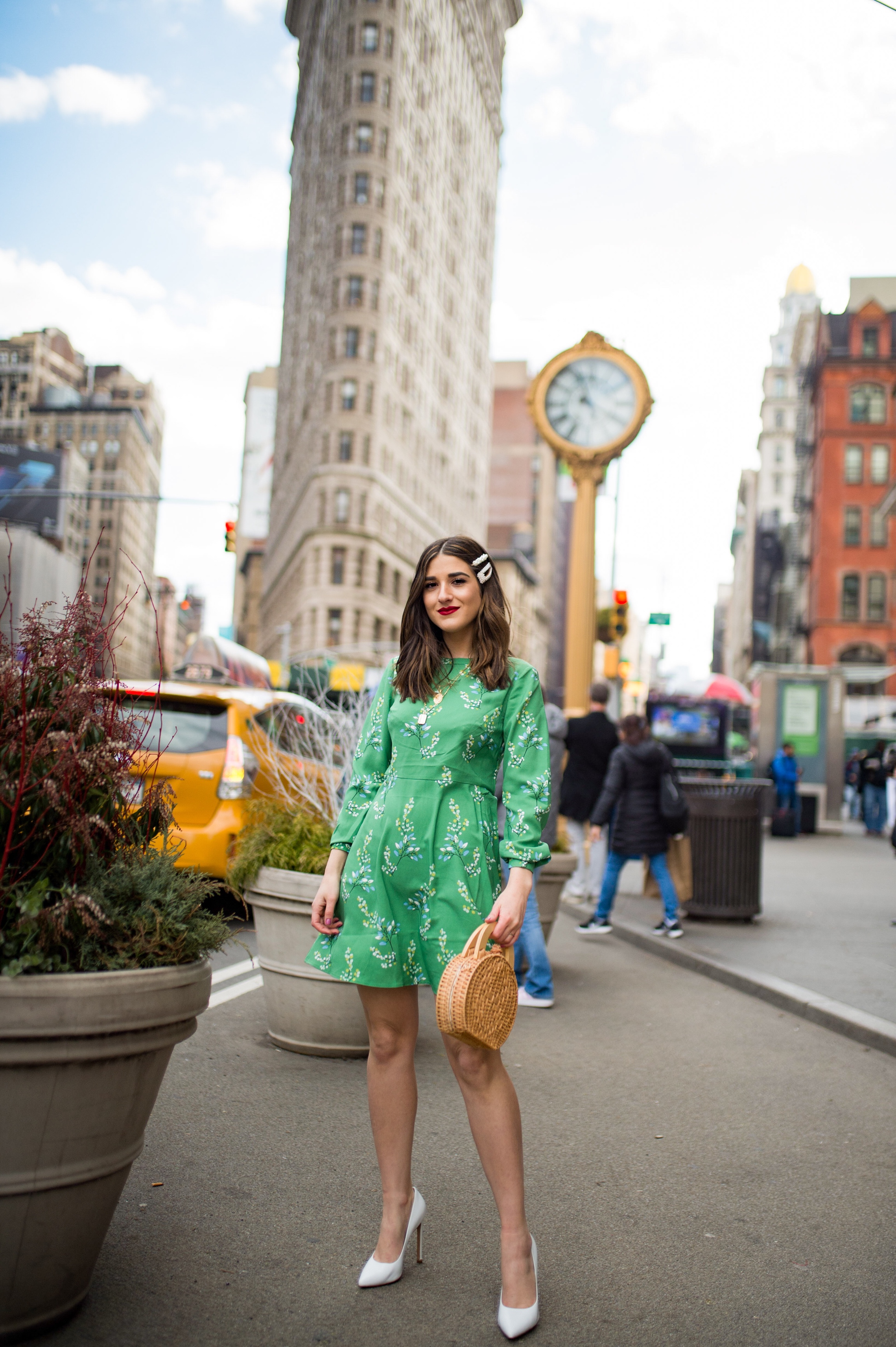 Styling Green For Spring LOFT Esther Santer Fashion Blog NYC Street Style Blogger Outfit OOTD Trendy Shopping White Heels Basket Circle Bag Florals Hair Accessories Pearl Clips Flatiron  Photoshoot Inspo Inspiration Petite Dress Inclusive Sizing Bag.jpg