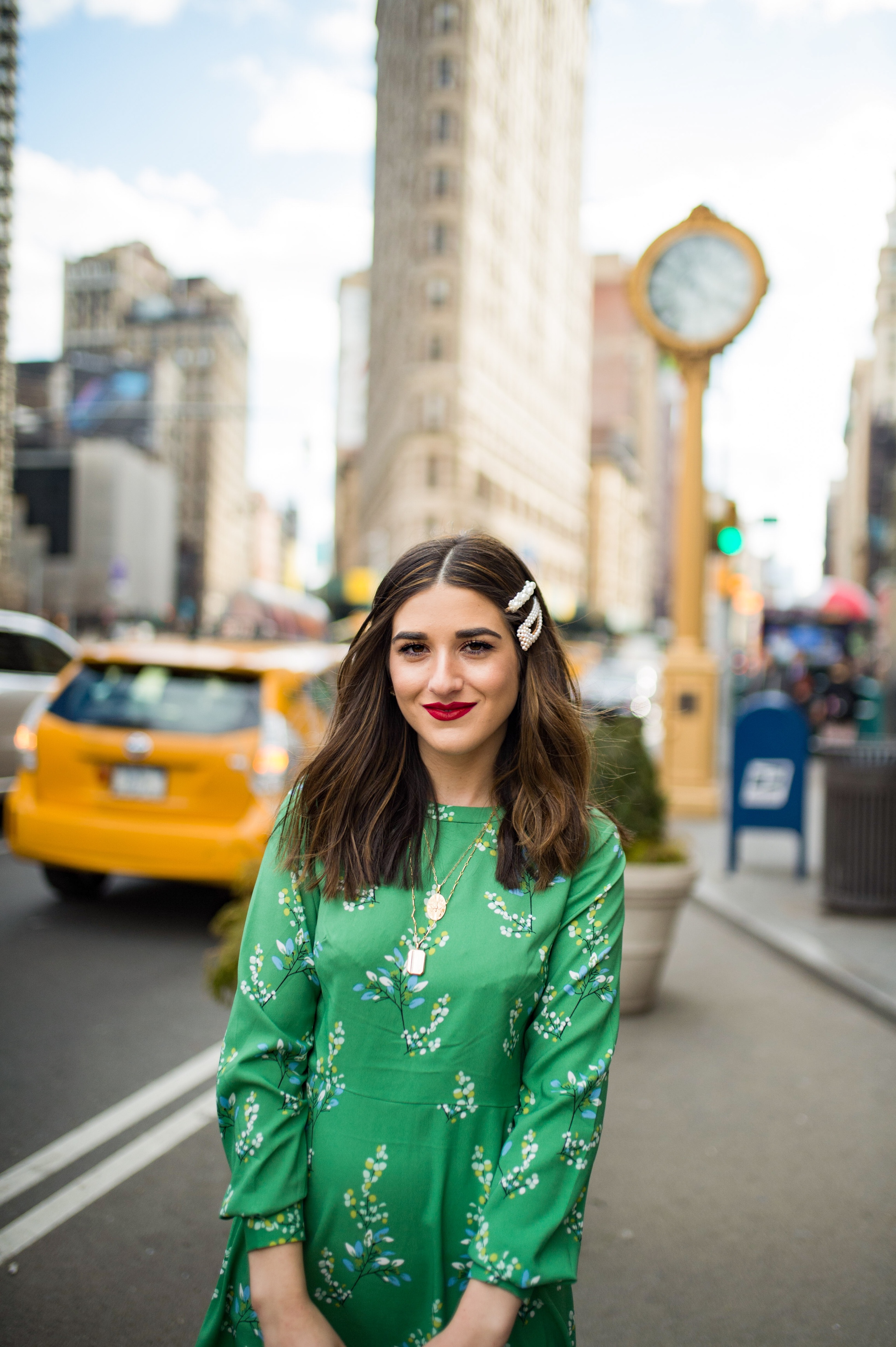 Styling Green For Spring LOFT Esther Santer Fashion Blog NYC Street Style Blogger Outfit OOTD Trendy Shopping White Heels Basket Circle Bag Florals Hair Accessories Pearl Clips Flatiron Photoshoot Inspo Inspiration  Petite Dress Inclusive Sizing Bag.jpg