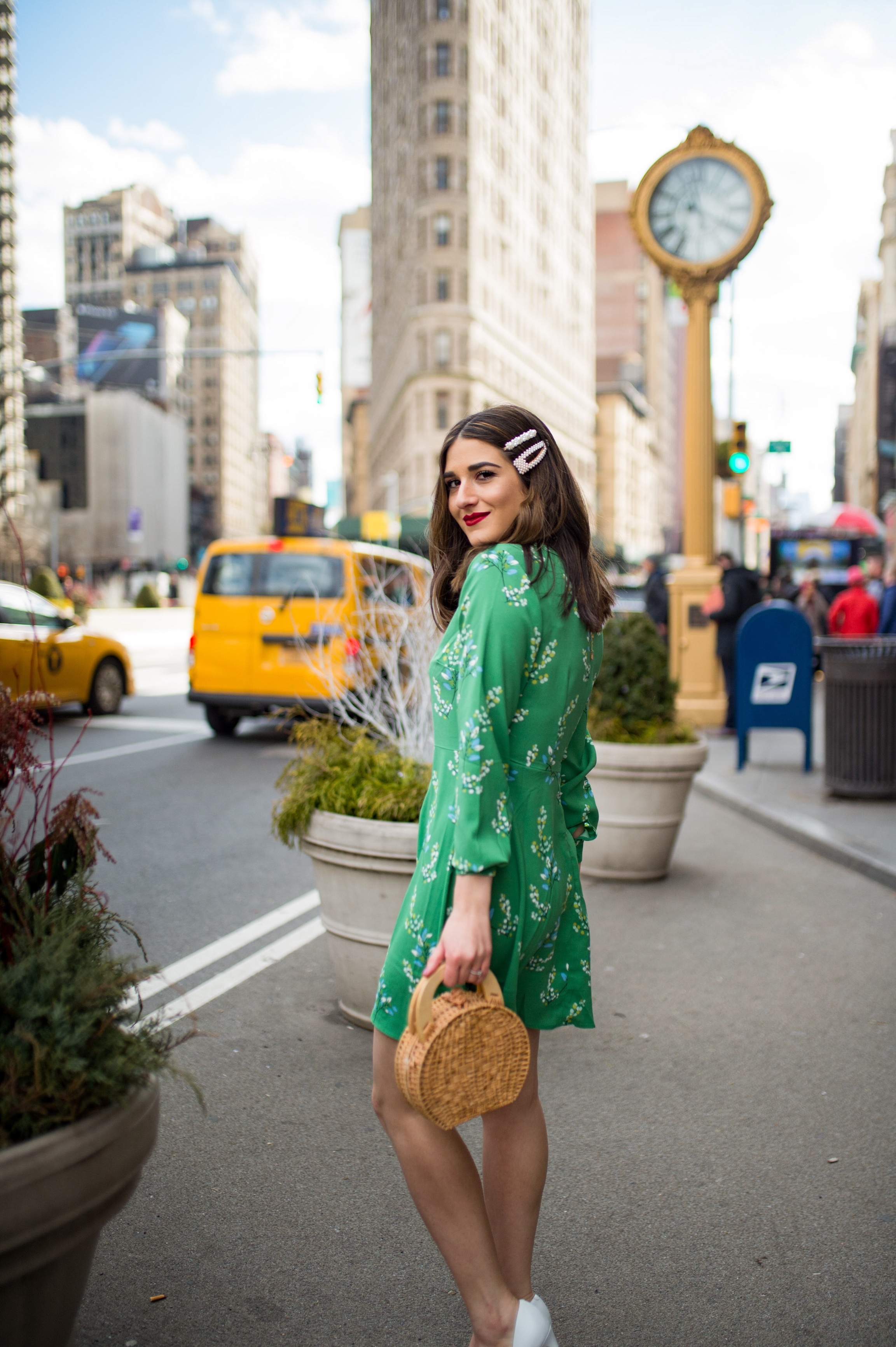 Styling Green For Spring LOFT Esther Santer Fashion Blog NYC Street Style Blogger Outfit OOTD Trendy Shopping White Heels Basket Circle Bag Florals Hair Accessories Pearl Clips Flatiron Photoshoot Inspo Inspiration Petite Dress  Inclusive Sizing Bag.jpg