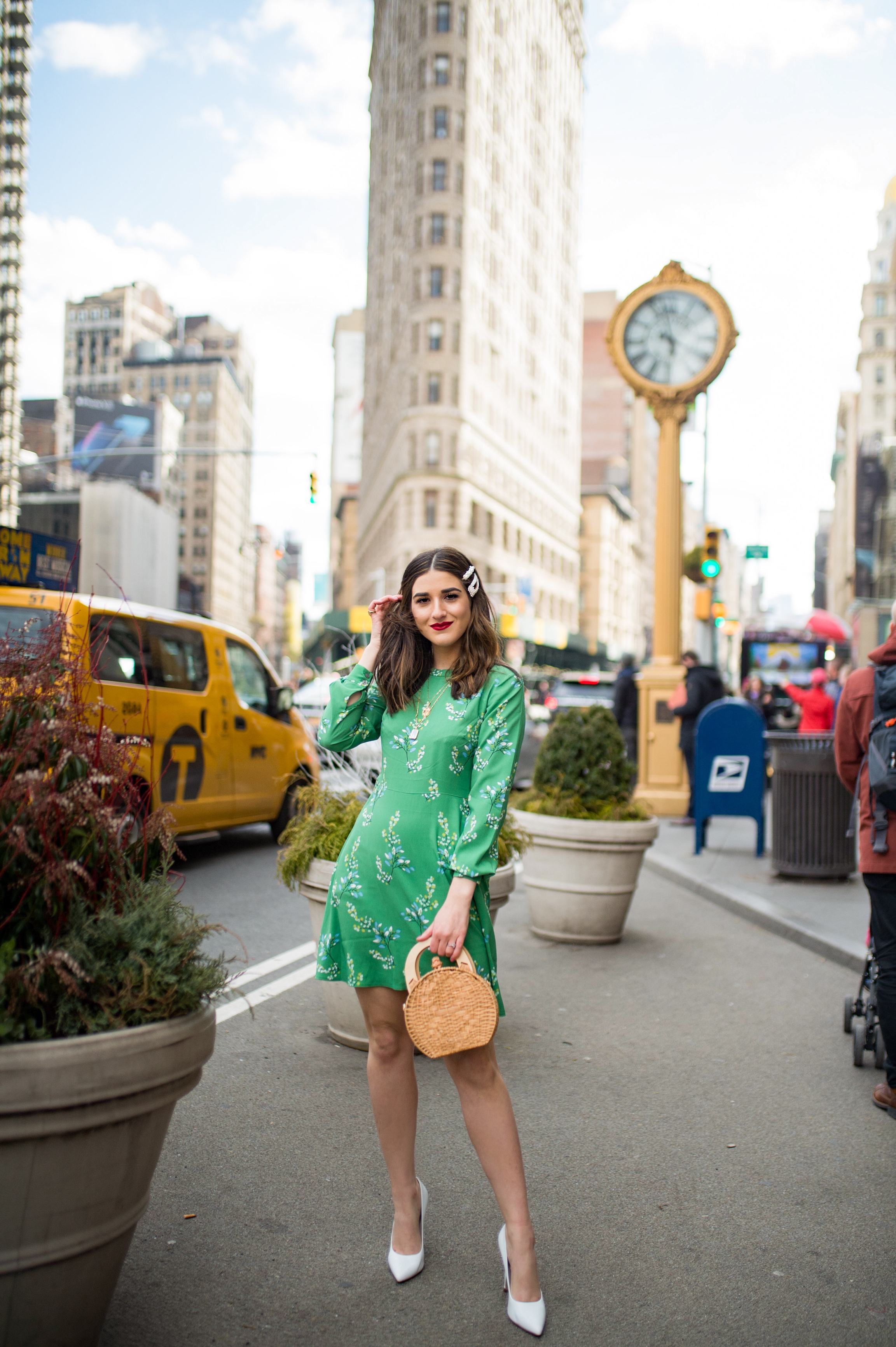 Styling Green For Spring LOFT Esther Santer Fashion Blog NYC Street Style Blogger Outfit OOTD Trendy Shopping White Heels Basket Circle Bag Florals Hair Accessories Pearl Clips Flatiron Photoshoot Inspo Inspiration Petite Dress Inclusive Sizing  Bag.jpg