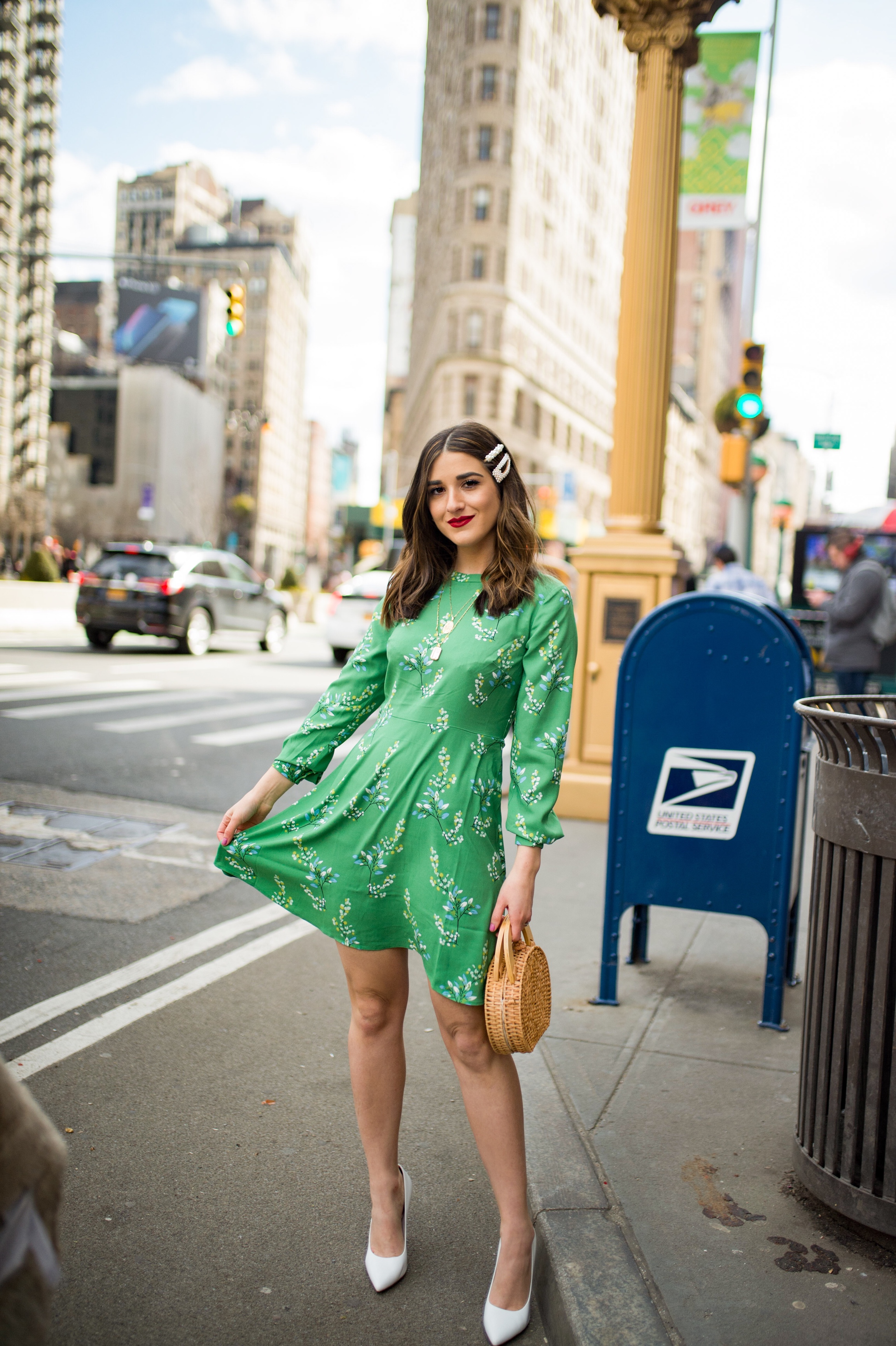 Styling Green For Spring LOFT Esther Santer Fashion Blog NYC Street Style Blogger Outfit OOTD Trendy Shopping White Heels Basket Circle Bag Florals Hair Accessories Pearl Clips Flatiron Photoshoot Inspo Inspiration Petite Dress Inclusive Sizing Bag.jpg