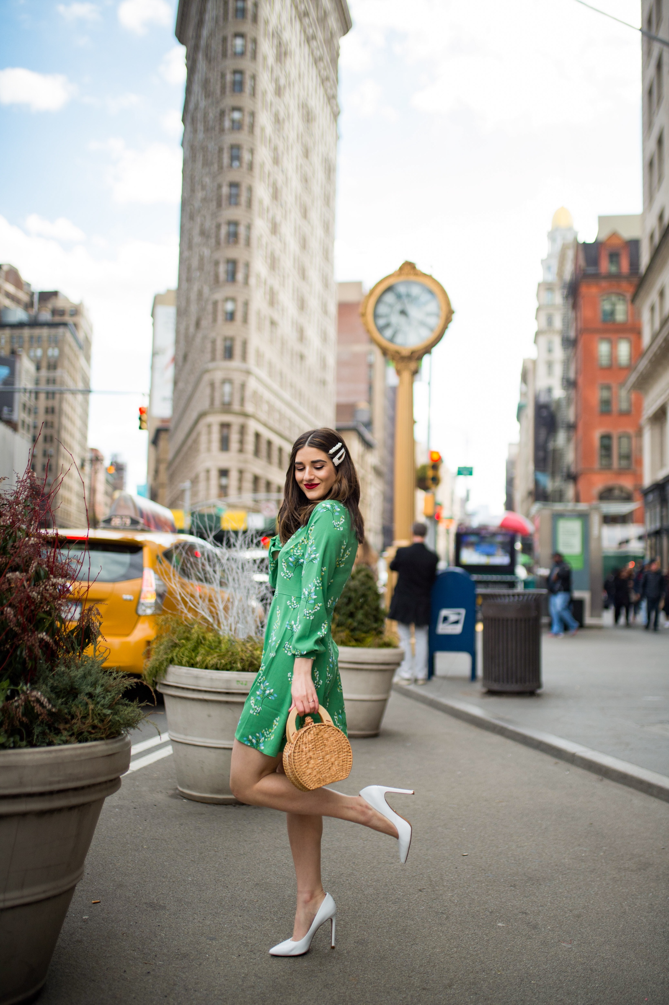 Styling Green For Spring LOFT Esther Santer Fashion Blog NYC Street Style Blogger Outfit OOTD Trendy Shopping White Heels Basket Circle Bag Florals Hair Accessories Pearl Clips Flatiron Photoshoot Inspo Inspiration Petite Dress Inclusive Sizing Bag .jpg