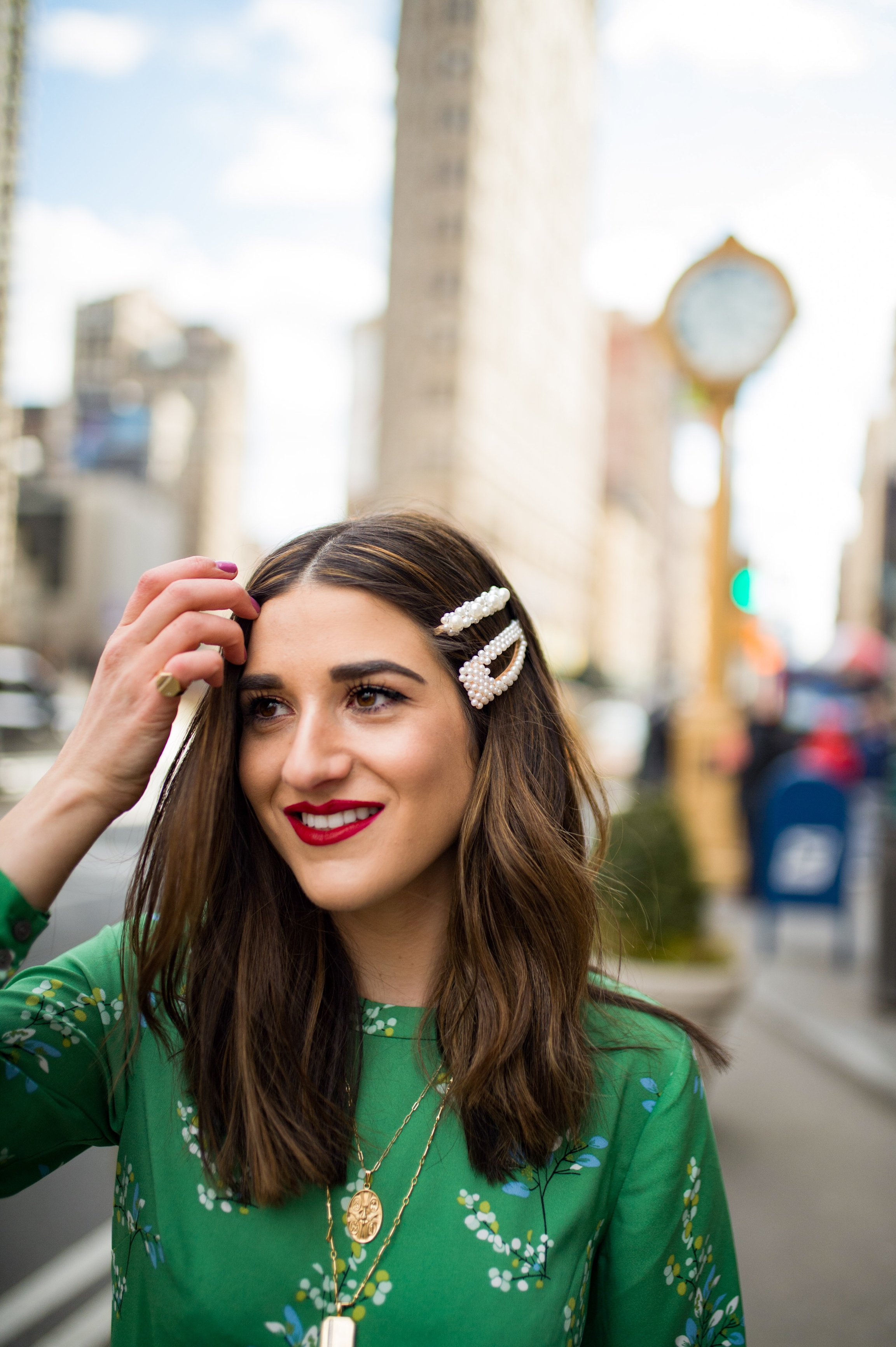 Fresh Cut And Color Sharon Dorram Color at Sally Hershberger Esther Santer Fashion Blog NYC Street Style Blogger Outfit OOTD Trendy Shop Balayage Honey Highlights New York City Upscale Salon Green Floral Dress Spring Pearl Barrettes Hair  Accessories.JPG