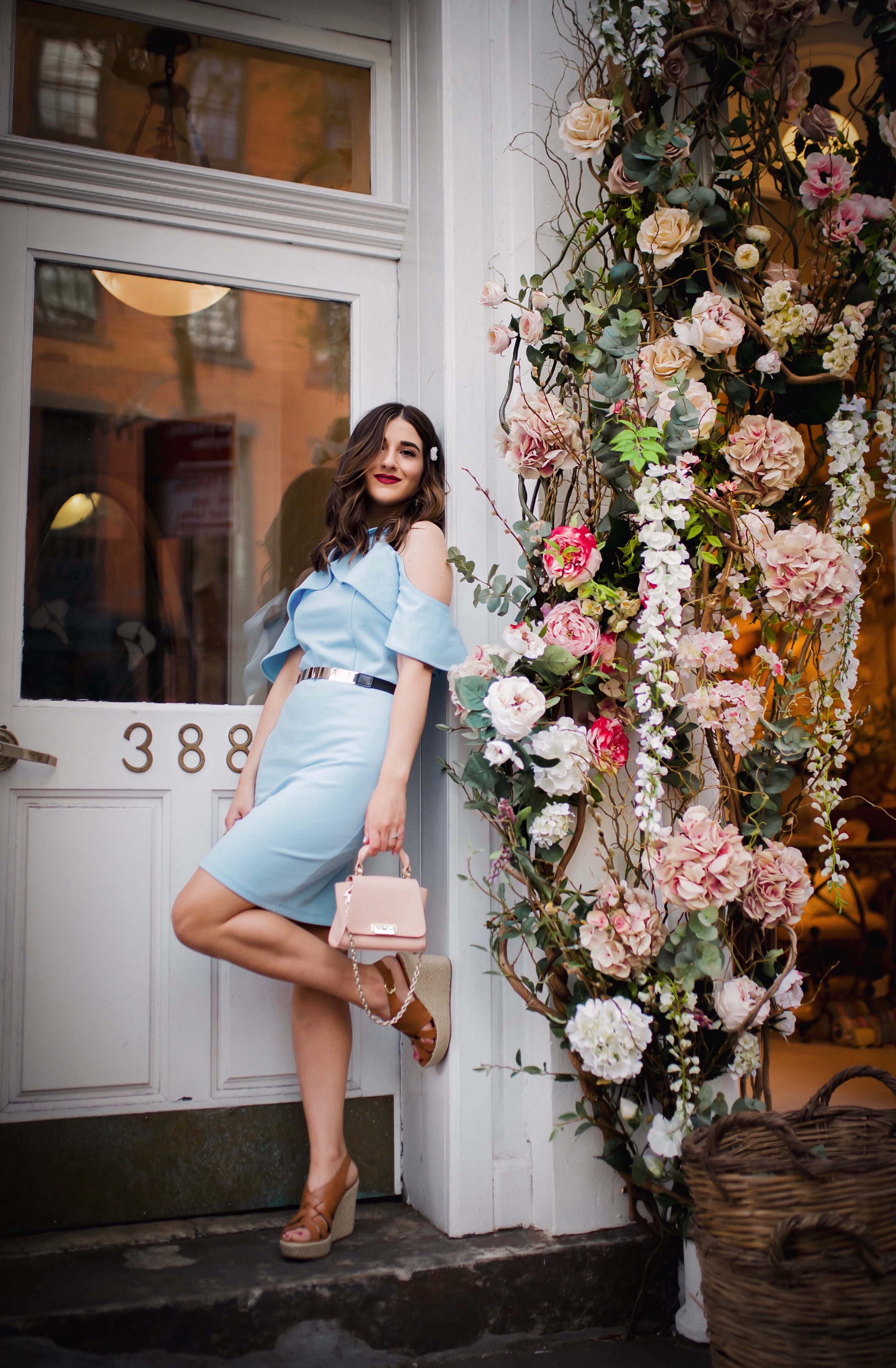 Styling XOXO For Spring Esther Santer Fashion Blog NYC Street Style Blogger Outfit OOTD Trendy Shopping Baby Blue Cold Shoulder Dress Espadrille Wedges Tan Girl Women Barette Pearl Clip Flowers Pretty Beautiful Pink Bag Shoes Belt Shopping Accessories.jpg