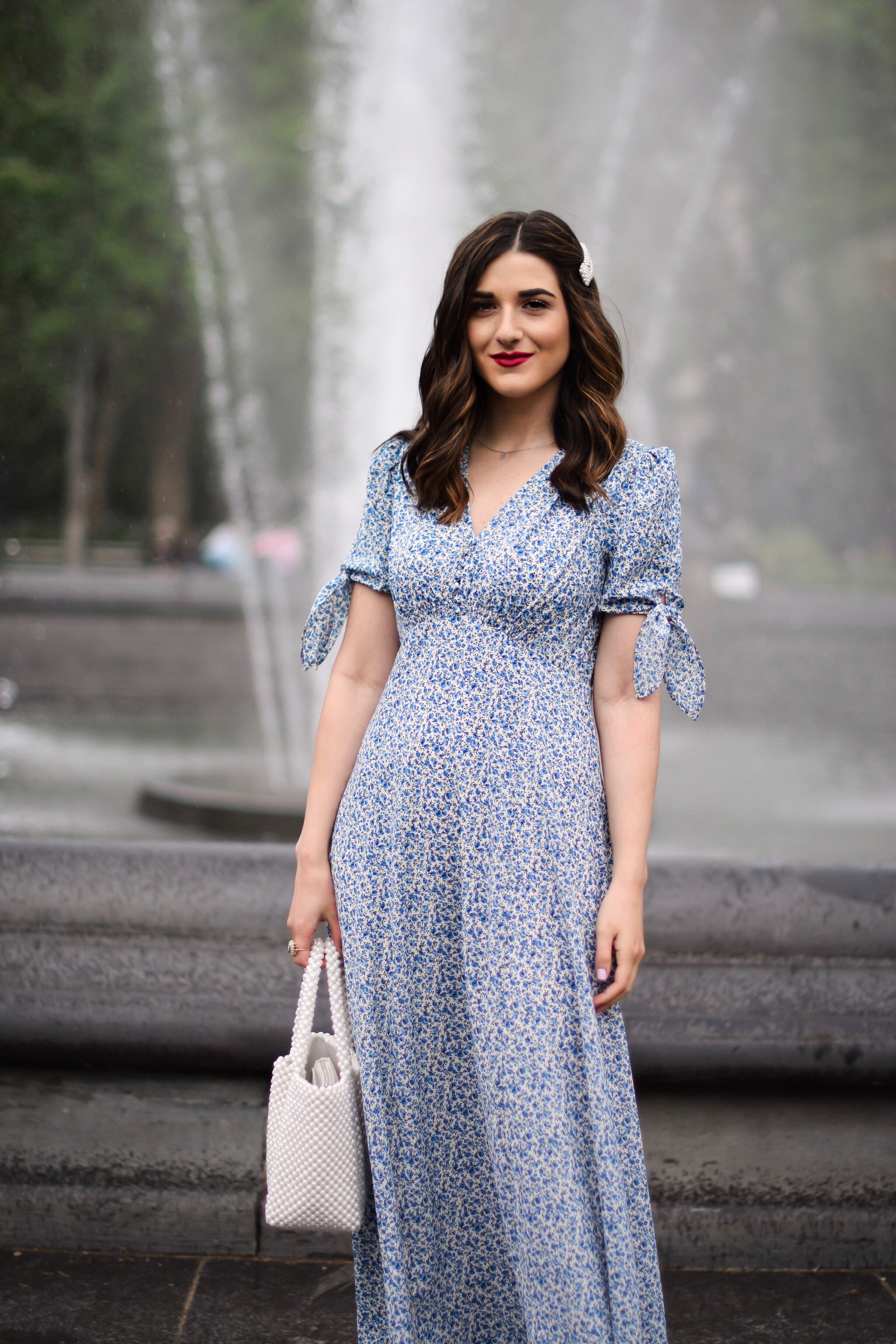 My Favorite Morning Rituals Esther Santer Fashion Blog NYC Street Style Blogger Outfit OOTD Trendy Shopping Girl What How To Wear Stitch Fix Gal Meets Glam Blue Floral Maxi Dress Hair Accesories Pearl Clip Hairsyle White Shoes Sandals Vince Camuto Bag.JPG