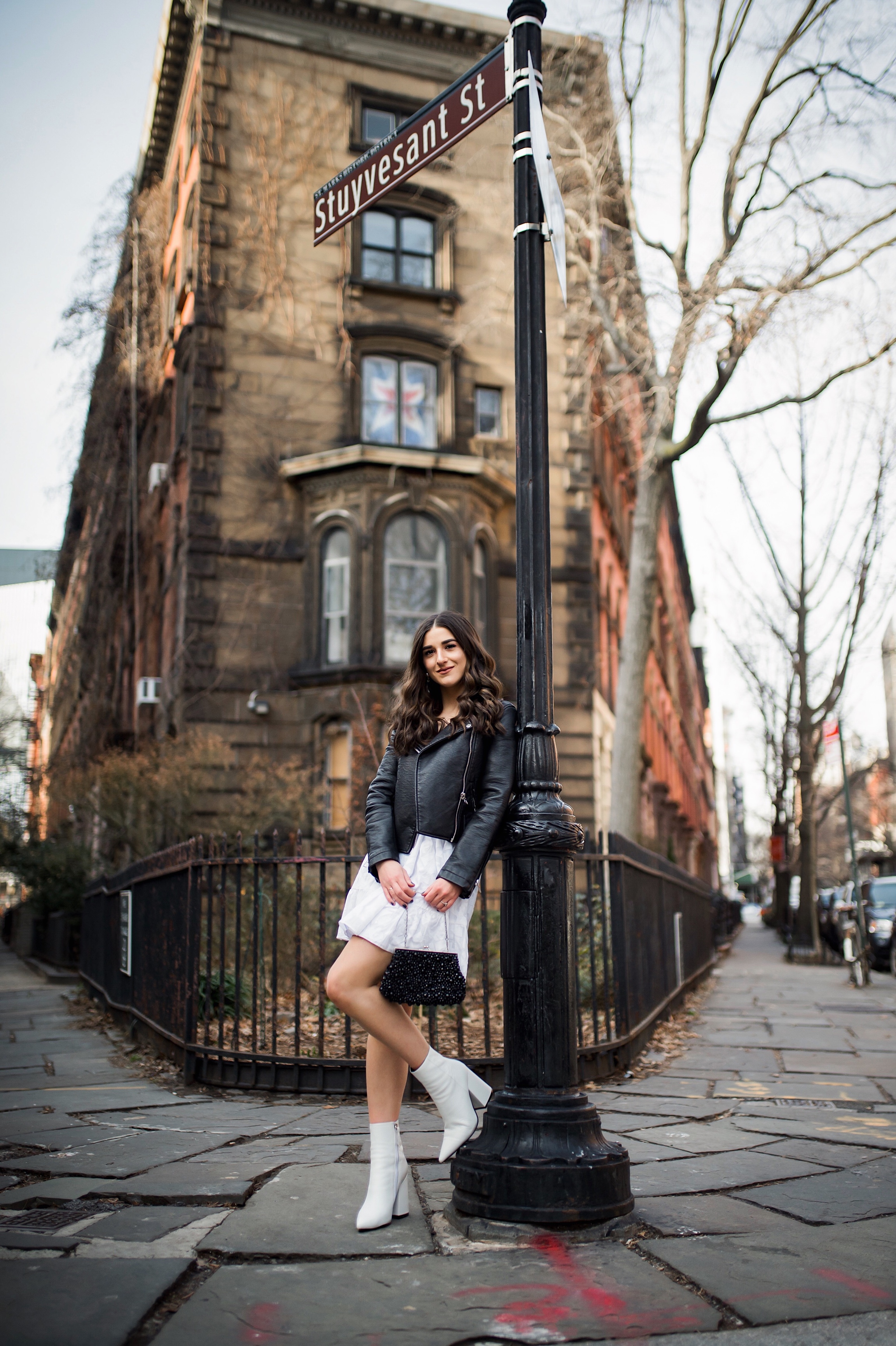 5 Things I Wish Brands Knew White Dress Leather Jacket Esther Santer Fashion Blog NYC Street Style Blogger Outfit OOTD Trendy Shopping  Girl What How To Wear Urban Outfitters ASOS Belt Booties Black Beaded Clutch Long Hair Photoshoot Stuyvesant Shop.JPG