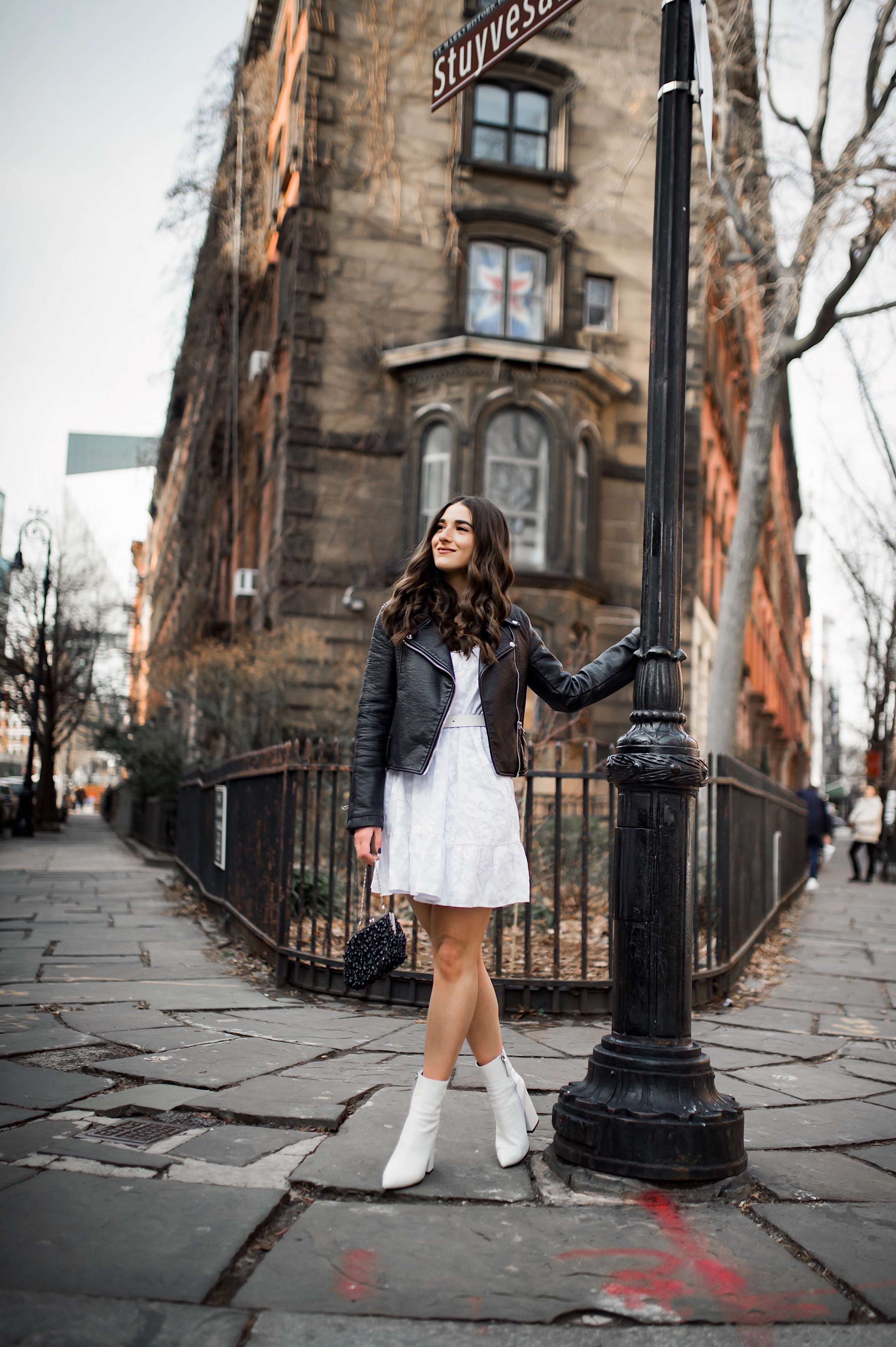 5 Things I Wish  Brands Knew White Dress Leather Jacket Esther Santer Fashion Blog NYC Street Style Blogger Outfit OOTD Trendy Shopping Girl What How To Wear Urban Outfitters ASOS Belt Booties Black Beaded Clutch Long Hair Photoshoot Stuyvesant Shop.JPG