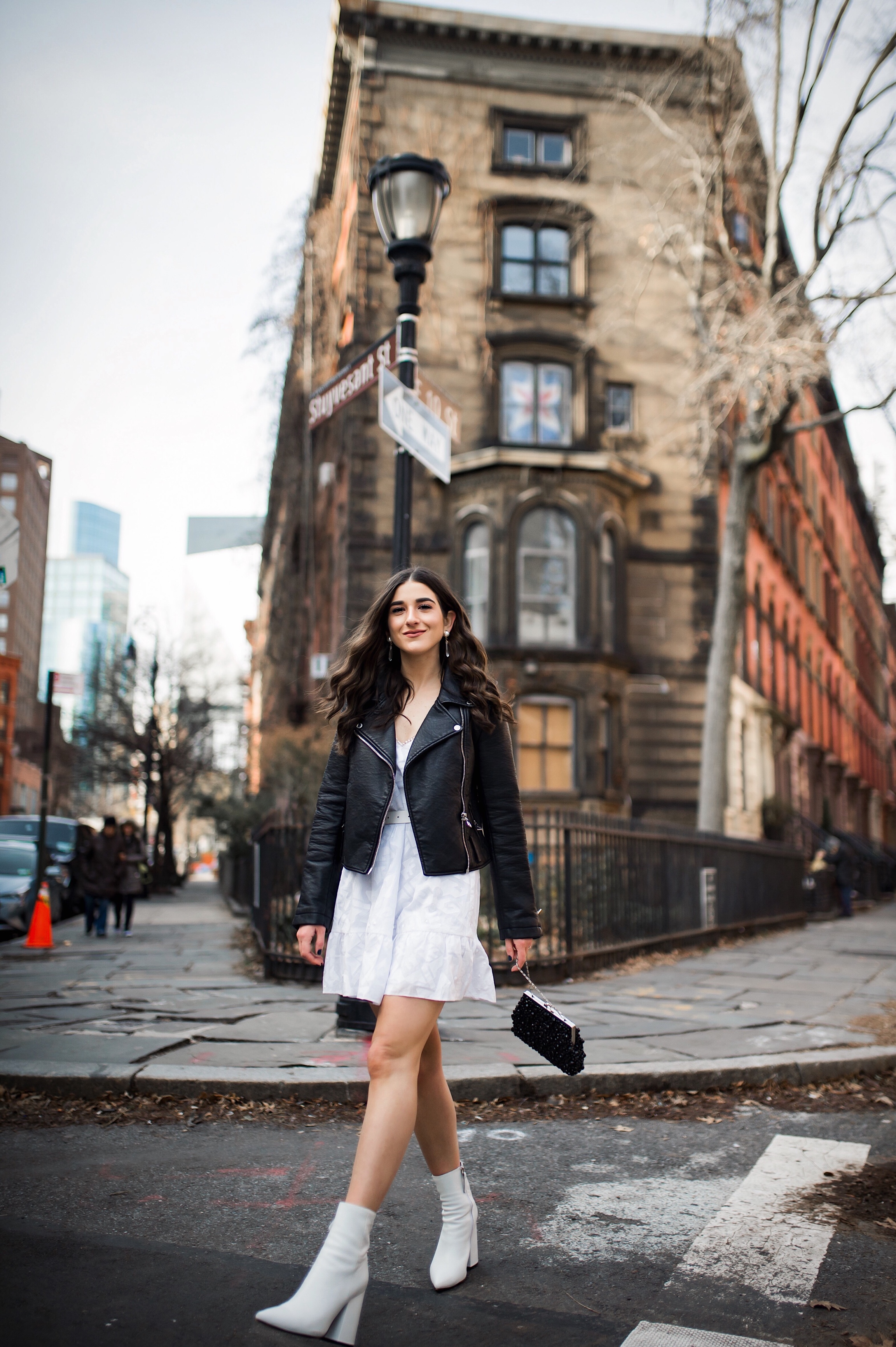 5 Things I Wish Brands Knew White Dress Leather Jacket Esther Santer Fashion Blog NYC Street Style Blogger Outfit OOTD Trendy Shopping Girl What How To Wear Urban Outfitters ASOS  Belt Booties Black Beaded Clutch Long Hair Photoshoot Stuyvesant Shop.JPG