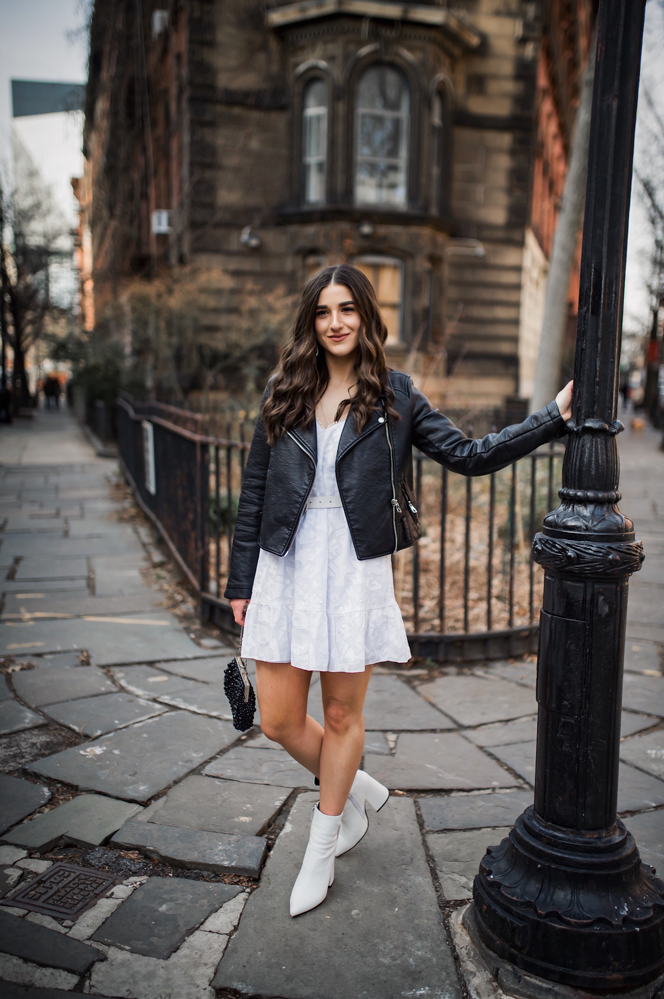 5 Things I Wish Brands Knew White Dress Leather Jacket Esther Santer Fashion Blog NYC Street Style Blogger Outfit OOTD Trendy Shopping Girl What How To Wear Urban Outfitters ASOS Belt Booties Black Beaded  Clutch Long Hair Photoshoot Stuyvesant Shop.JPG