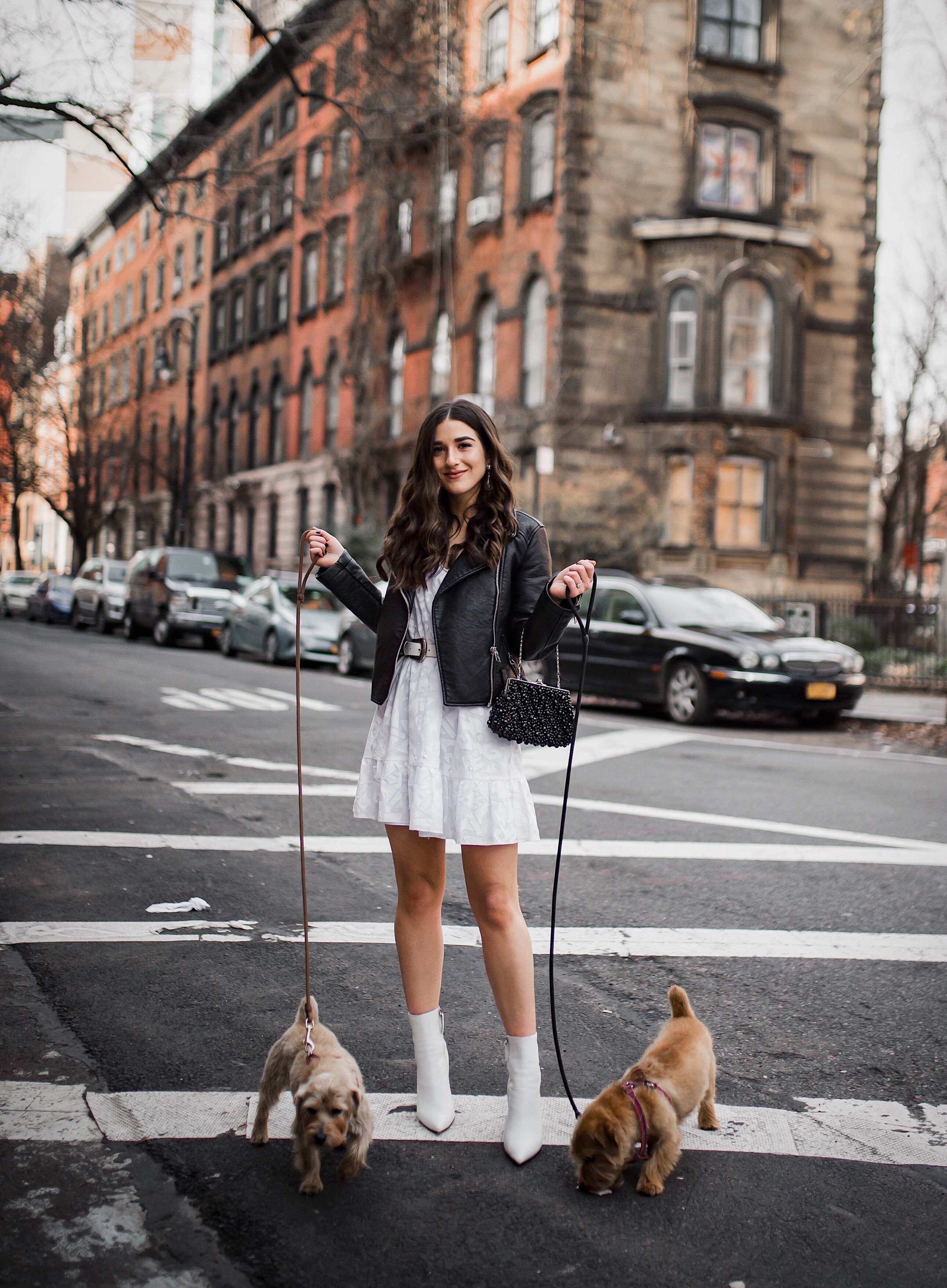 5 Things I Wish Brands Knew White Dress Leather Jacket Esther Santer Fashion Blog NYC Street Style Blogger Outfit OOTD Trendy Shopping Girl What How To Wear Urban Outfitters ASOS Belt Booties Black Beaded Clutch Long Hair  Photoshoot Stuyvesant Dogs.JPG