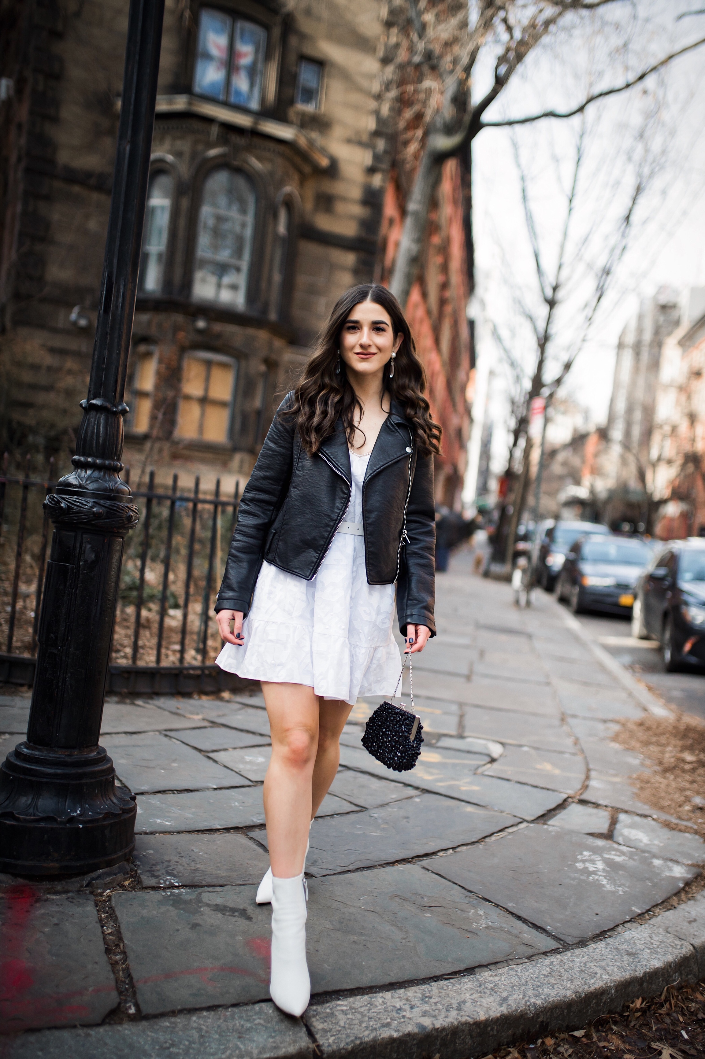 5 Things I Wish Brands Knew White Dress Leather Jacket Esther Santer Fashion Blog NYC Street Style Blogger Outfit OOTD Trendy Shopping Girl What How To Wear Urban Outfitters ASOS Belt Booties Black Beaded Clutch Long Hair Photoshoot  Stuyvesant  Shop.JPG
