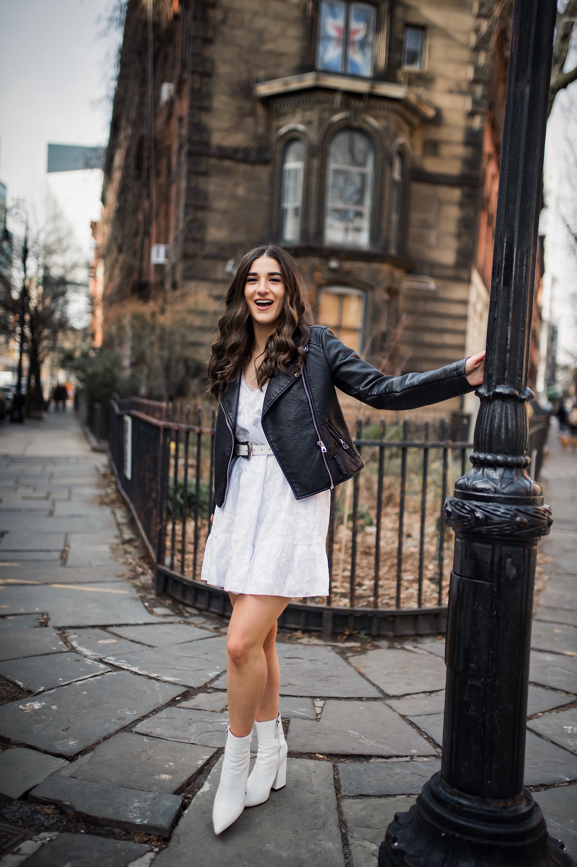 5 Things I Wish Brands Knew White Dress Leather Jacket Esther Santer Fashion Blog NYC Street Style Blogger Outfit OOTD Trendy Shopping Girl What How To Wear Urban Outfitters ASOS Belt Booties Black Beaded Clutch Long Hair Photoshoot  Stuyvesant Shop.JPG