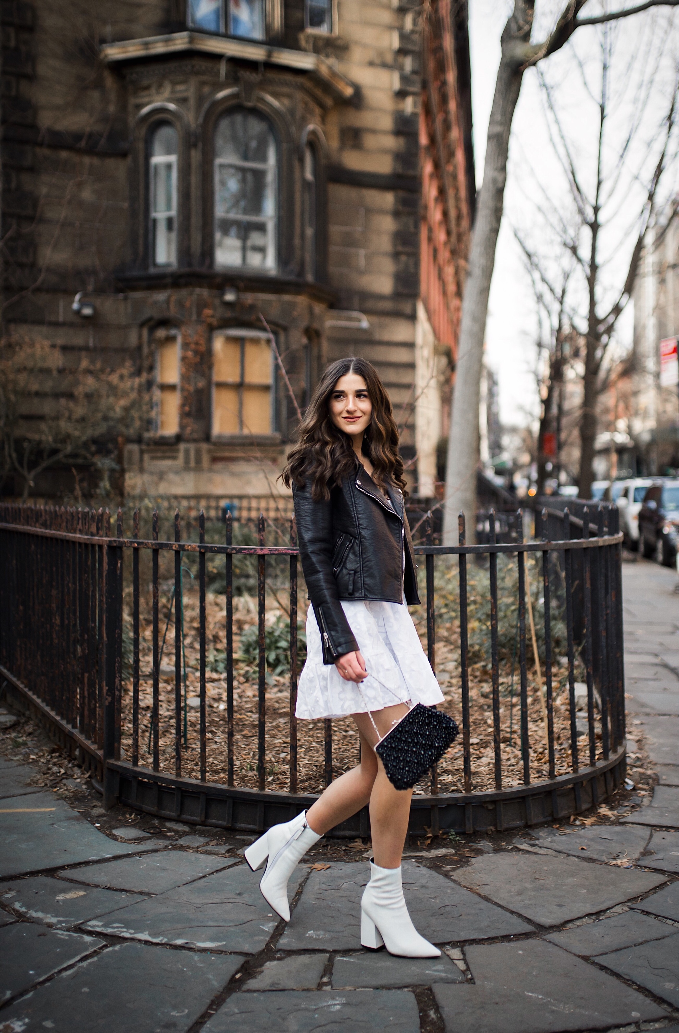 5 Things I Wish Brands Knew White Dress Leather Jacket Esther Santer Fashion Blog NYC Street Style Blogger Outfit OOTD Trendy Shopping Girl What How To Wear Urban Outfitters ASOS Belt Booties Black Beaded Clutch Long Hair Photoshoot Stuyvesant Shop.JPG