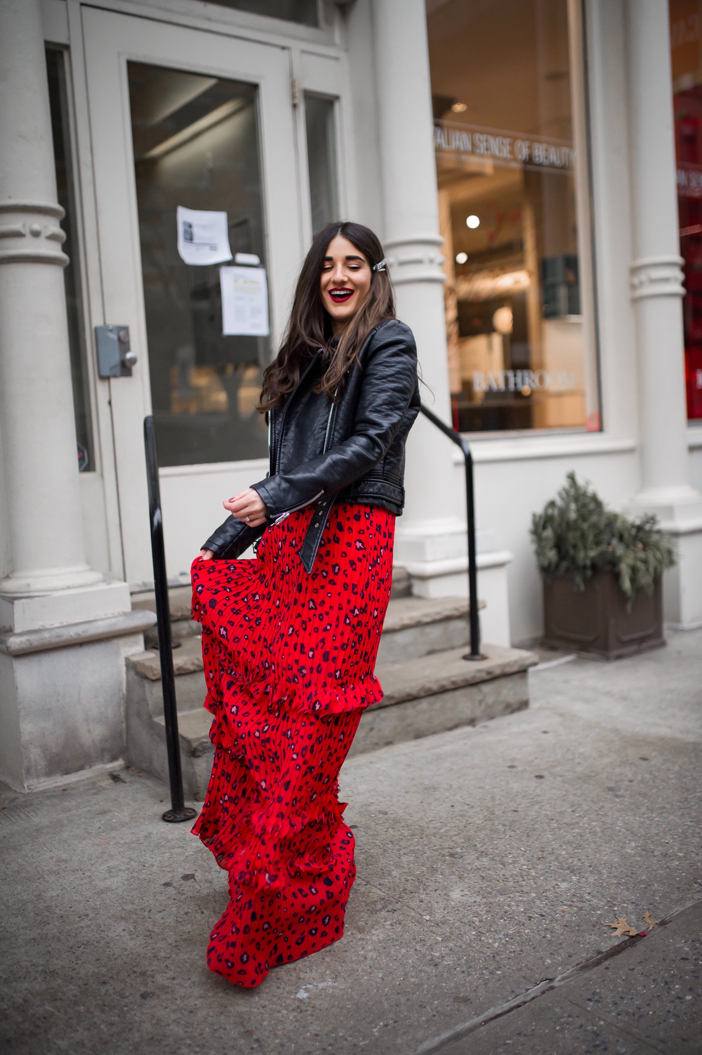 Why Do We Do Any Of This? Red Leopard Dress Moto Jacket Esther Santer Fashion Blog NYC Street Style Blogger Outfit OOTD Trendy Shopping Girl What How To Wear Brunette Long Hairstyle Hair  Accesories Monogrammed Jeweled Clips Nolabel Black Heels ASOS.JPG