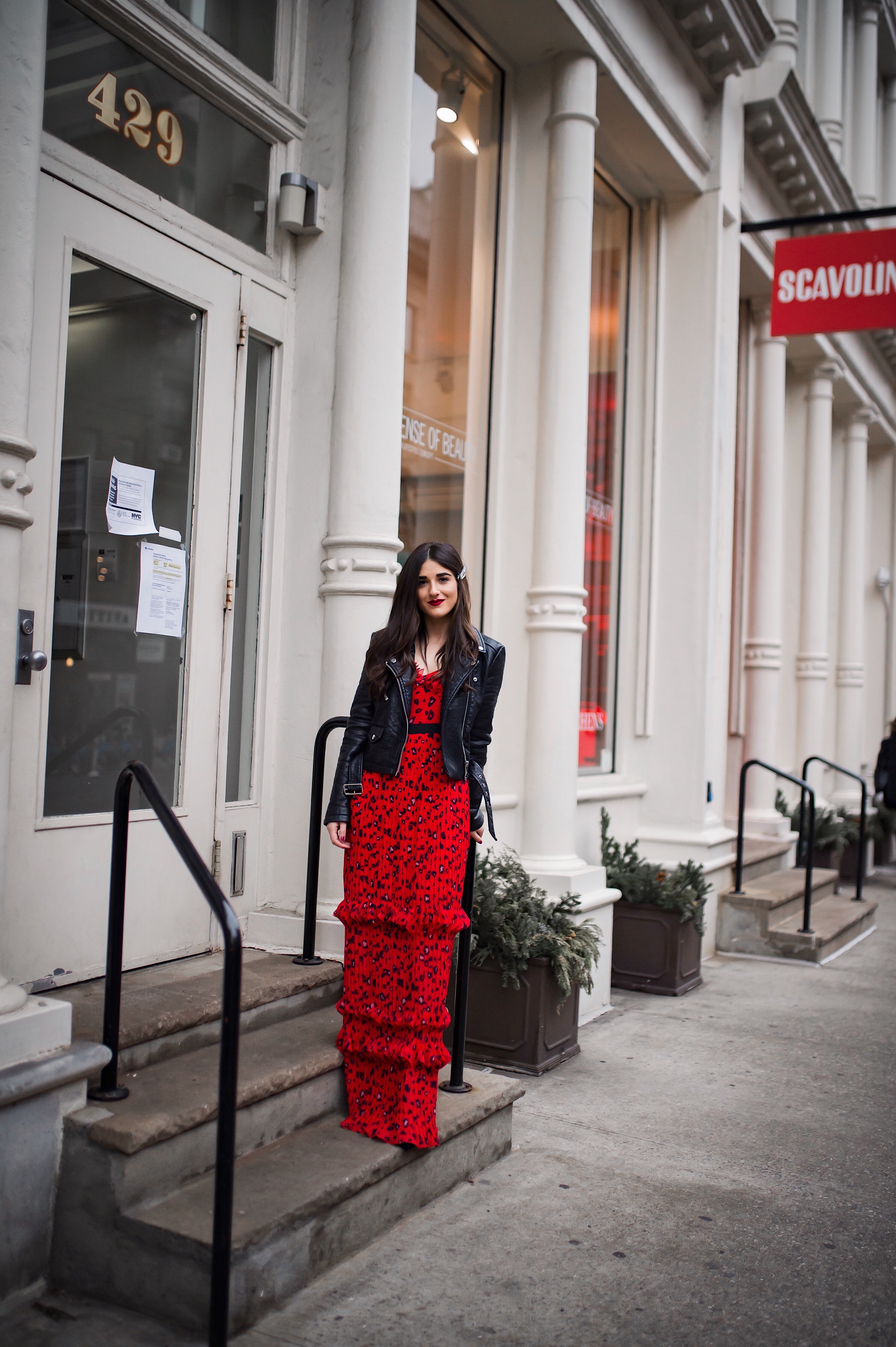 Why Do We Do Any Of This? Red Leopard Dress Moto Jacket Esther Santer Fashion Blog NYC Street Style Blogger Outfit OOTD Trendy Shopping Girl What How To Wear  Brunette Long Hairstyle Hair Accesories Monogrammed Jeweled Clips Nolabel Black Heels ASOS.JPG