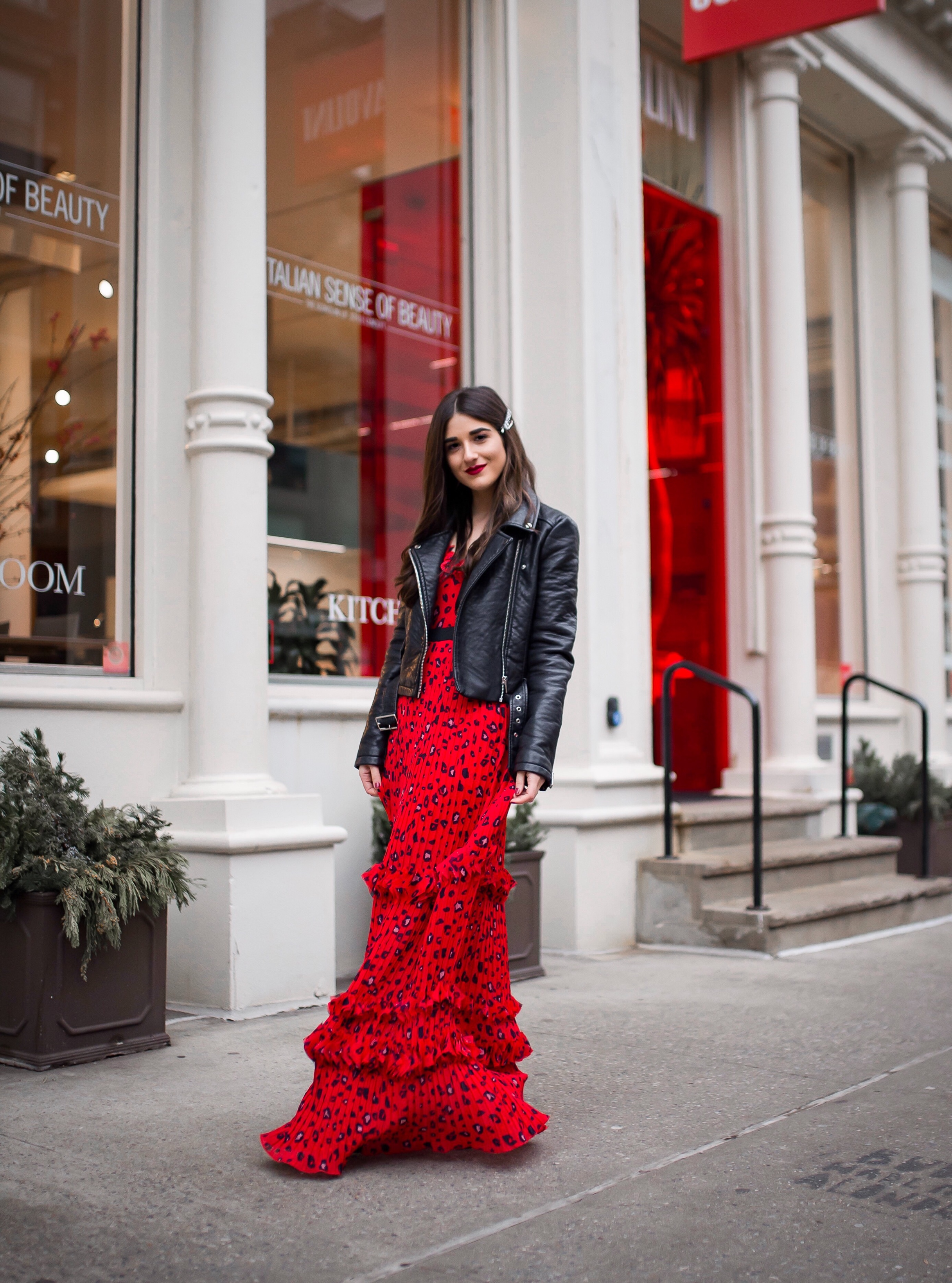 Why Do We Do Any Of This?  Red Leopard Dress Moto Jacket Esther Santer Fashion Blog NYC Street Style Blogger Outfit OOTD Trendy Shopping Girl What How To Wear Brunette Long Hairstyle Hair Accesories Monogrammed Jeweled Clips Nolabel Black Heels ASOS.JPG