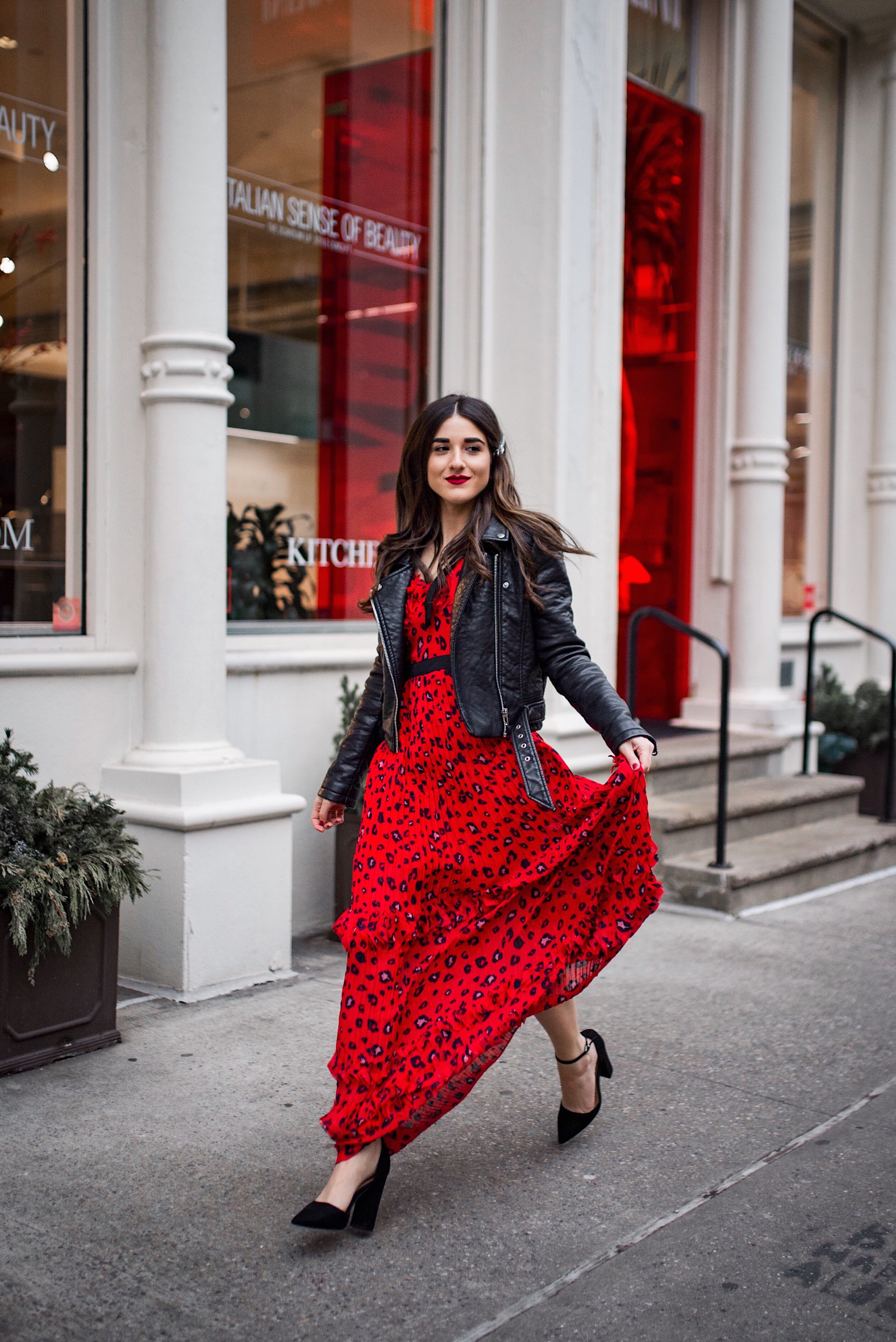 Why Do We Do Any Of This? Red Leopard Dress Moto Jacket Esther Santer Fashion Blog NYC Street Style Blogger Outfit OOTD Trendy Shopping Girl What How To Wear Brunette Long Hairstyle Hair Accesories Monogrammed Jeweled Clips  Nolabel Black Heels ASOS.JPG