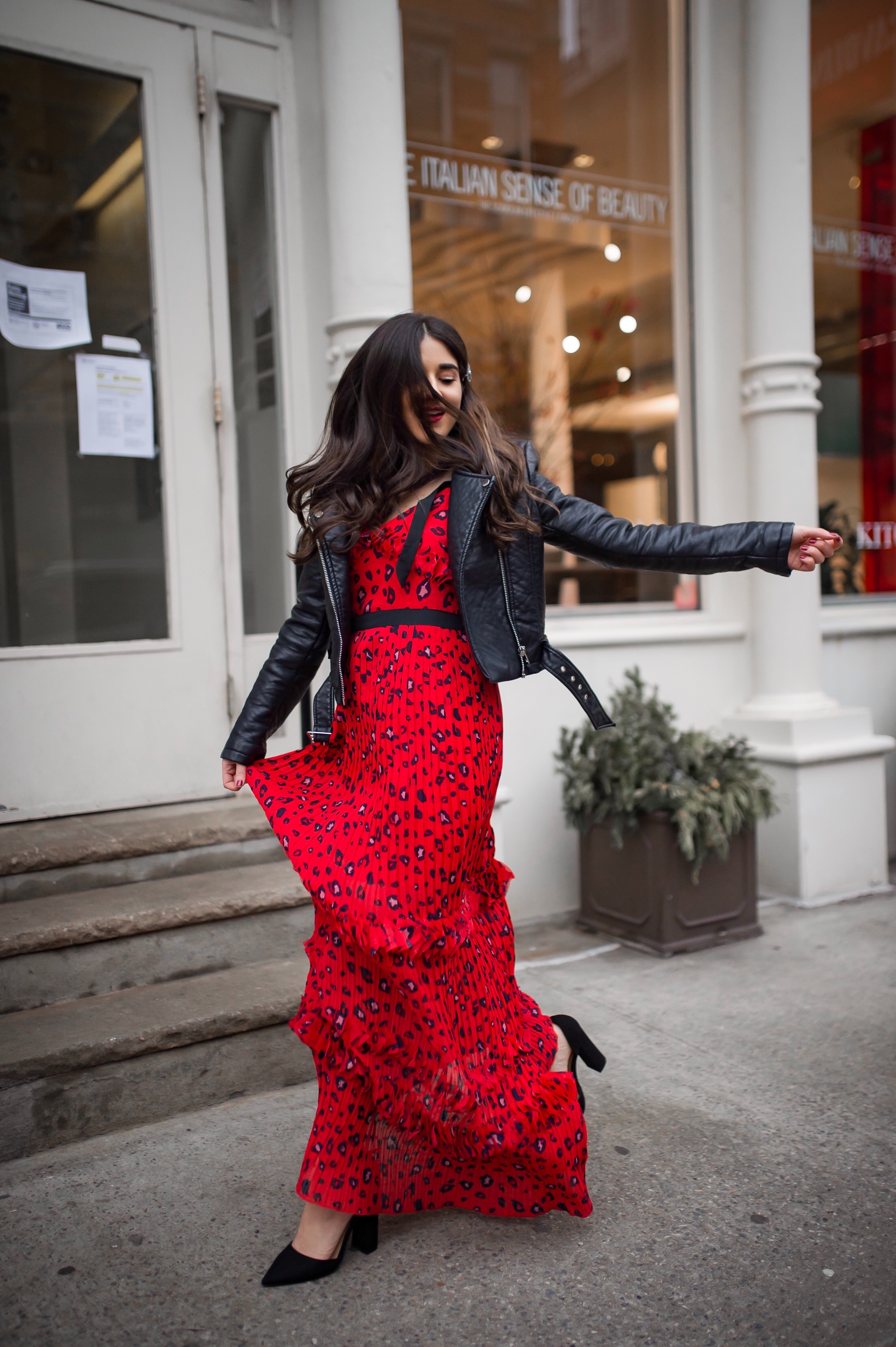 Why Do We Do Any Of This? Red Leopard Dress Moto Jacket Esther Santer Fashion Blog NYC Street Style Blogger Outfit OOTD Trendy Shopping Girl What How To Wear Brunette Long Hairstyle Hair Accesories Monogrammed  Jeweled Clips Nolabel Black Heels ASOS.JPG