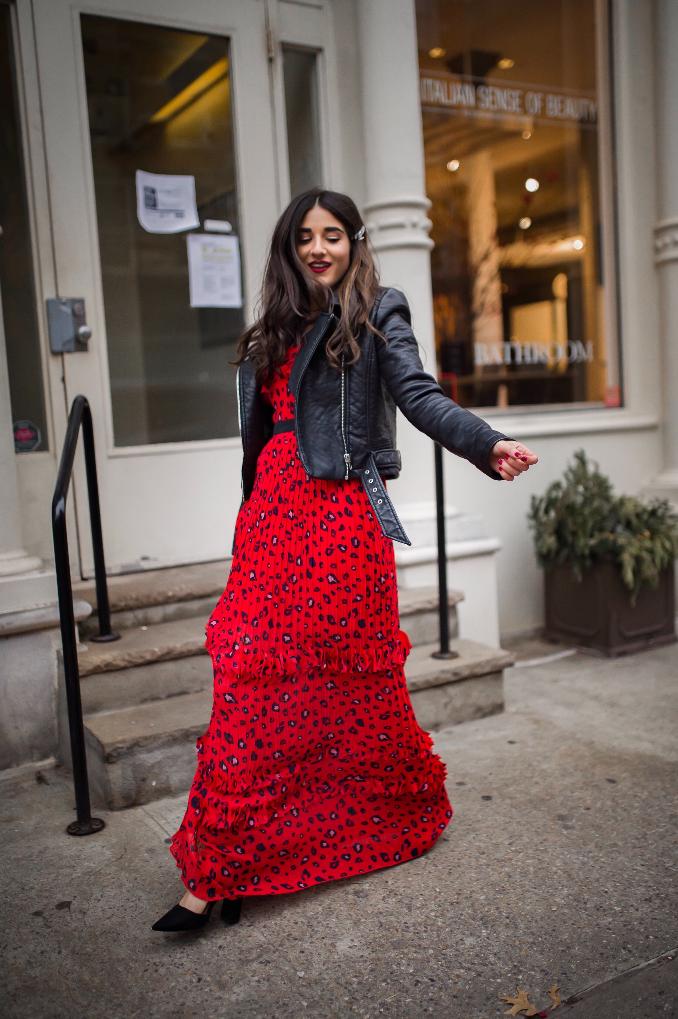 Why Do We Do Any Of This? Red Leopard Dress Moto Jacket Esther Santer Fashion Blog NYC Street Style Blogger Outfit OOTD Trendy Shopping Girl What How  To Wear Brunette Long Hairstyle Hair Accesories Monogrammed Jeweled Clips Nolabel Black Heels ASOS.JPG