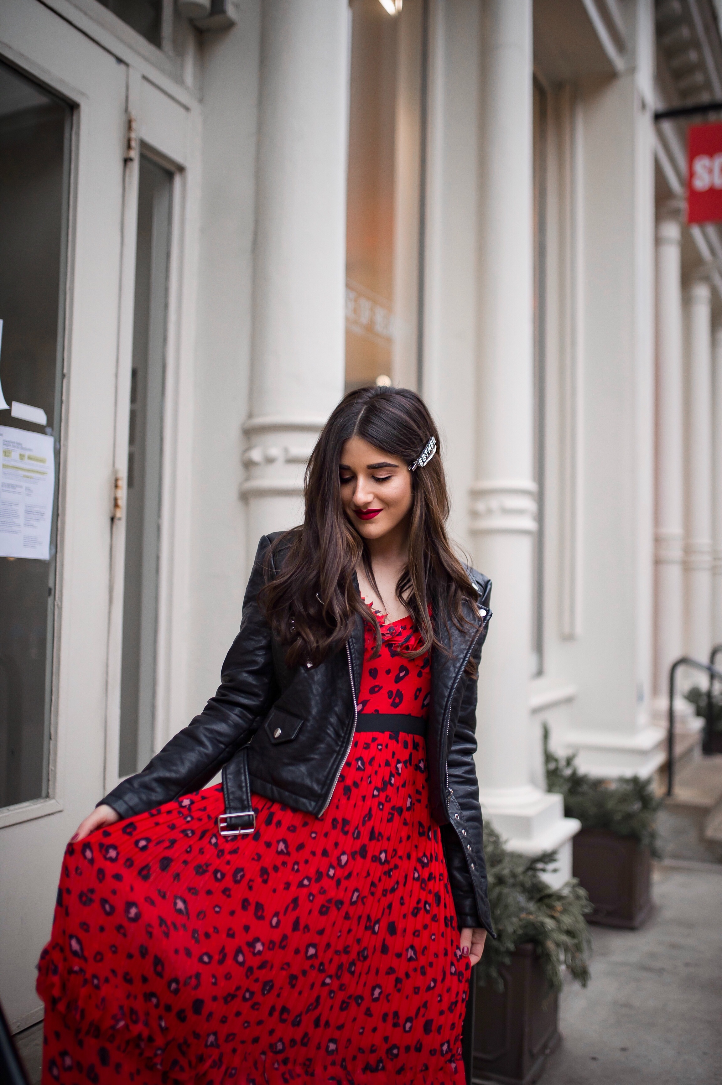 Why Do We Do Any Of This? Red Leopard Dress Moto Jacket Esther Santer Fashion Blog NYC Street Style Blogger Outfit OOTD Trendy Shopping Girl What How To Wear Brunette Long Hairstyle Hair Accesories Monogrammed Jeweled Clips Nolabel Black Heels ASOS .JPG